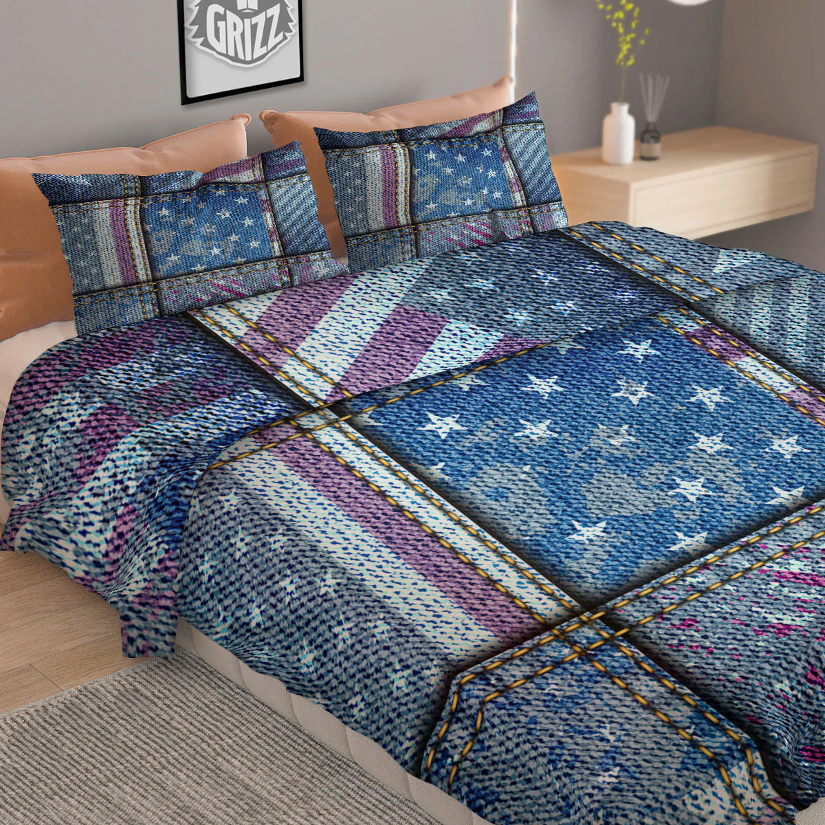 USA Denim Patchwork 4th of July Print Duvet Cover Bedding Set - Image 2