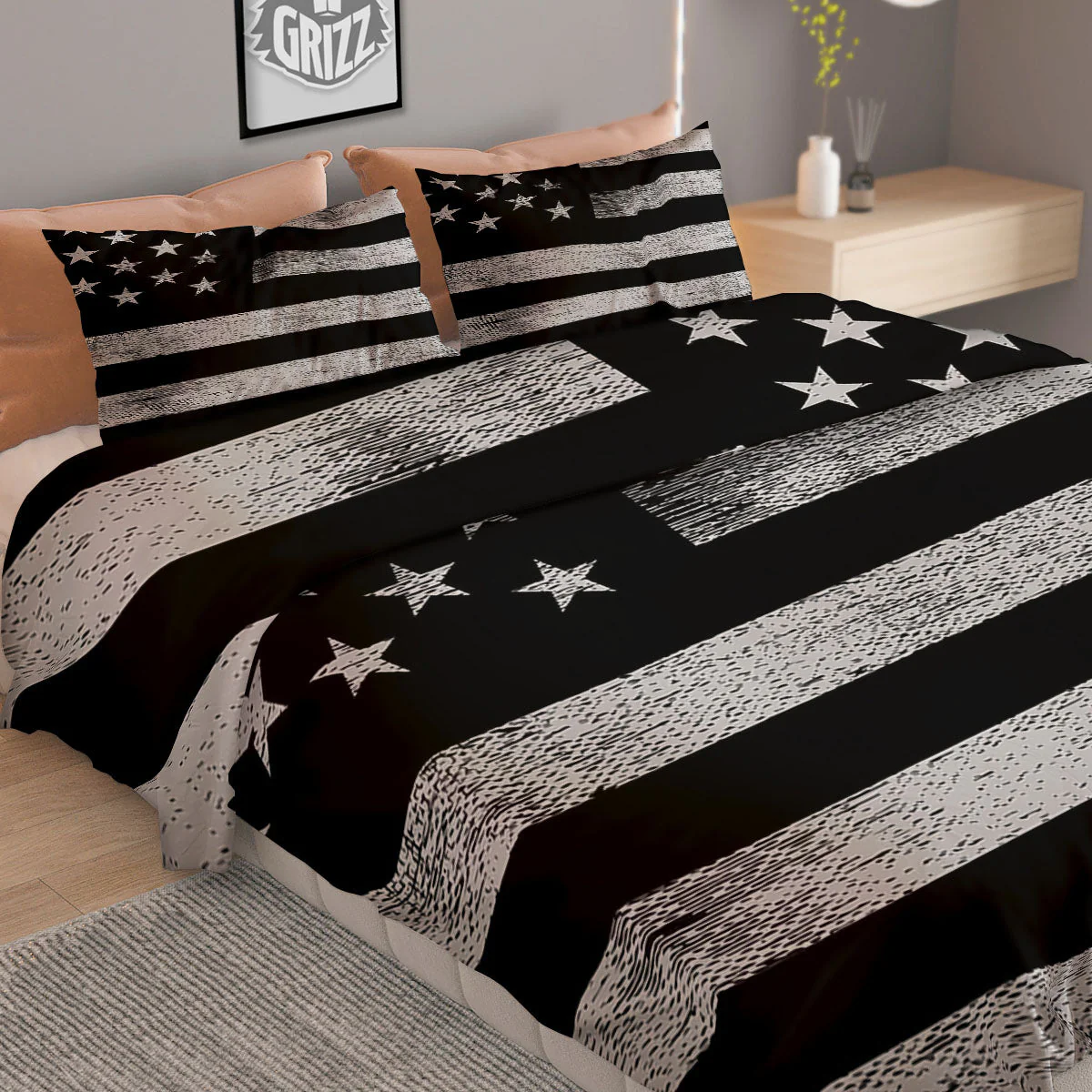 USA Flag White And Black Print Duvet Cover Bedding Set - Image 2