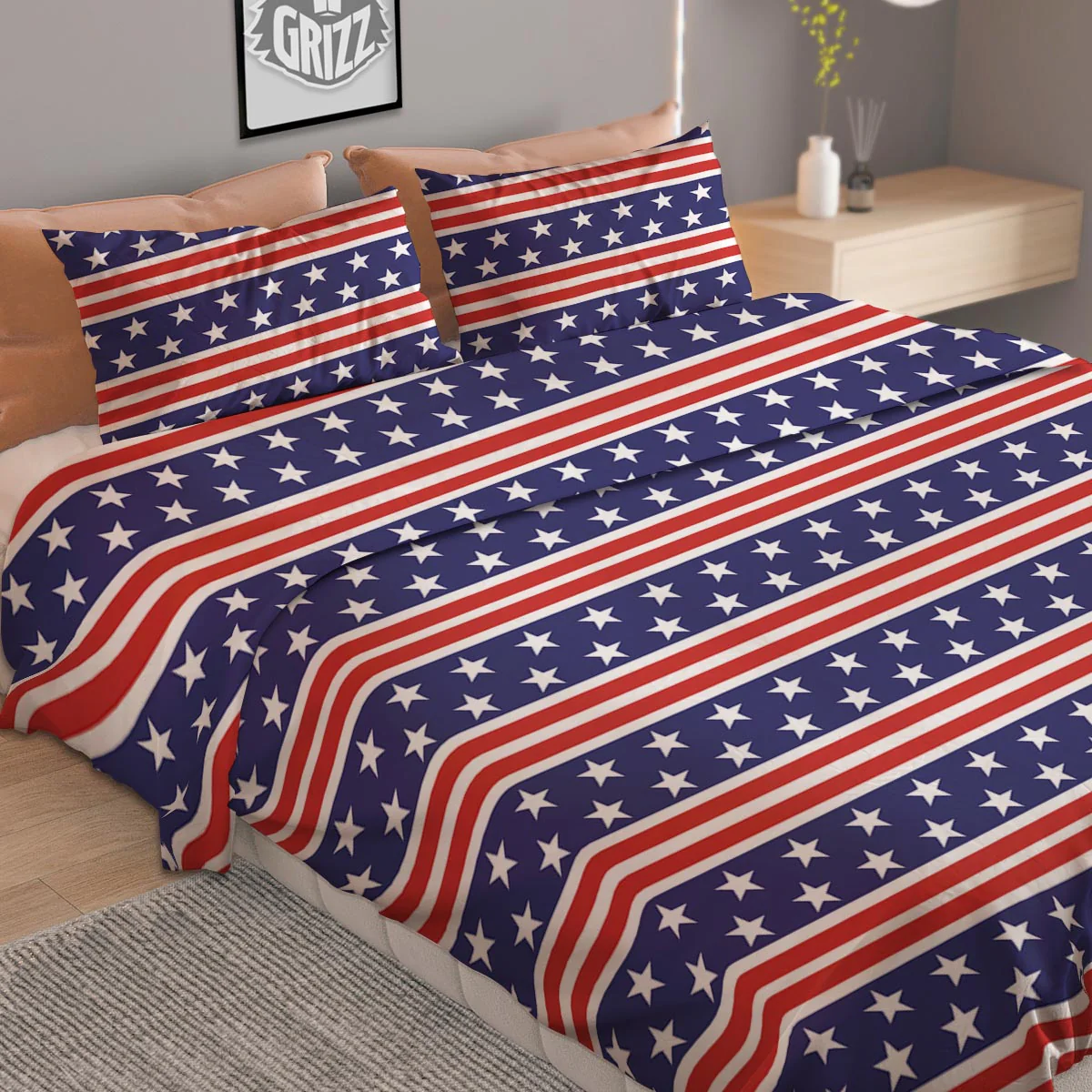 USA Star Red Striped Print Pattern Duvet Cover Bedding Set - Image 2