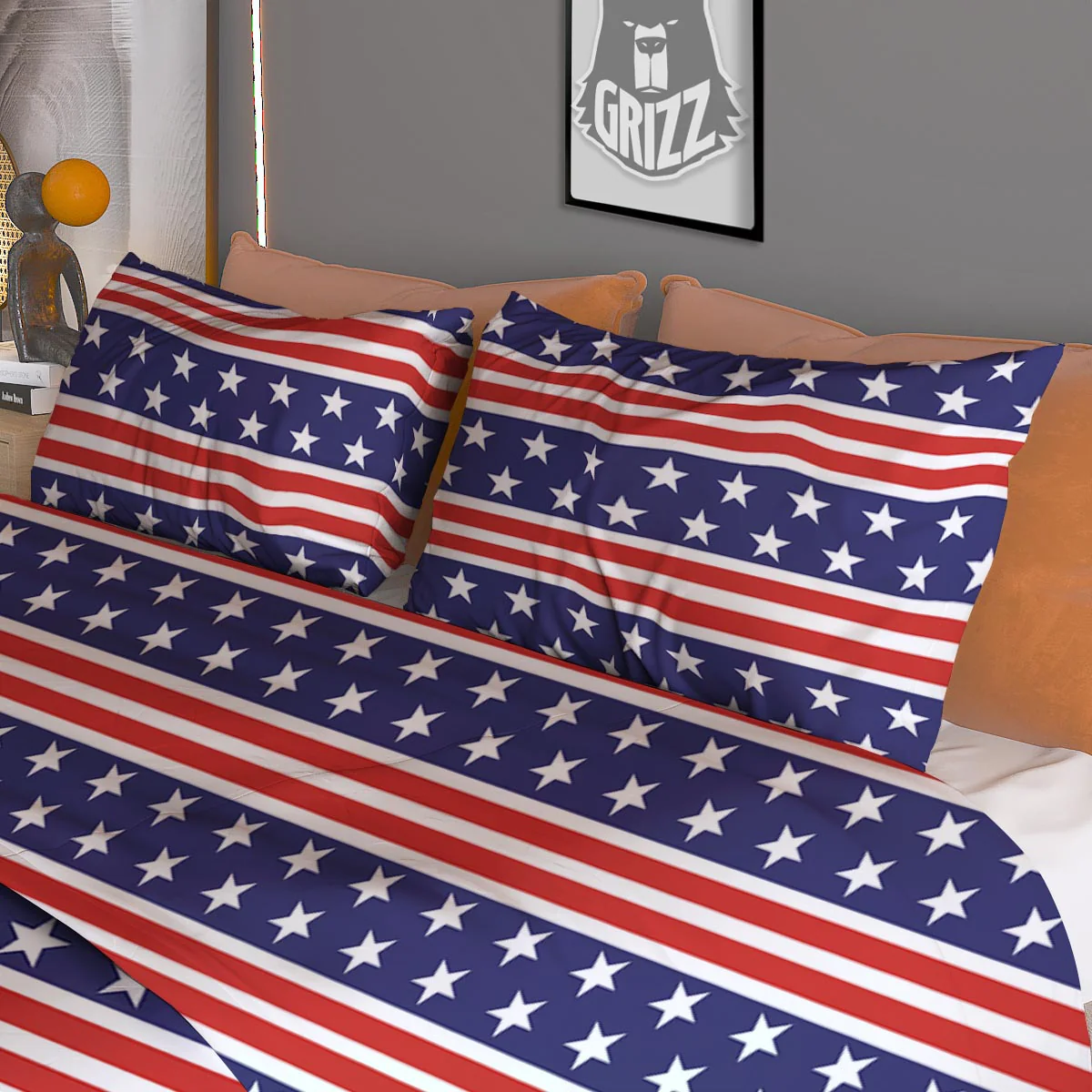 USA Star Red Striped Print Pattern Duvet Cover Bedding Set - Image 3
