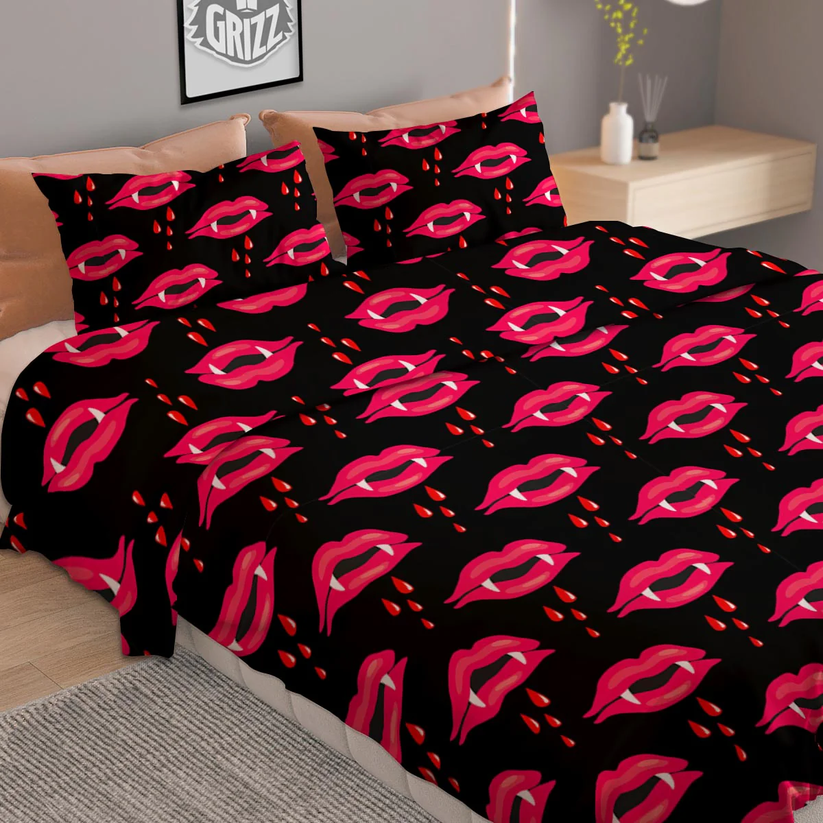 Vampire Lips Red Halloween Print Pattern Duvet Cover Bedding Set - Image 2