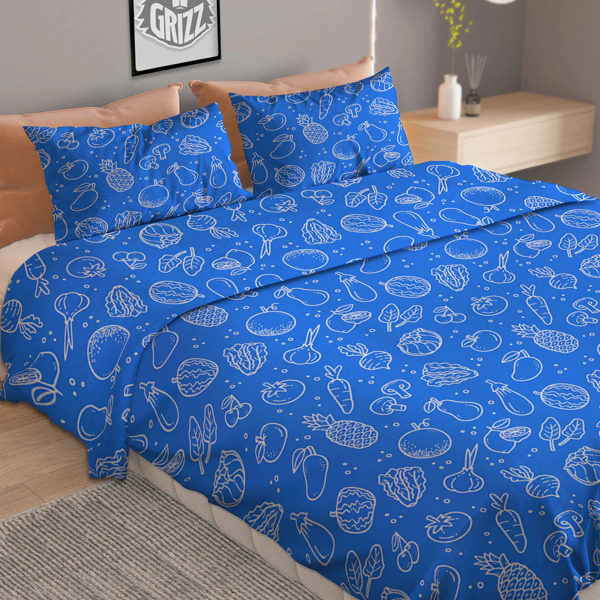 Vegan White And Blue Print Pattern Duvet Cover Bedding Set - Image 2
