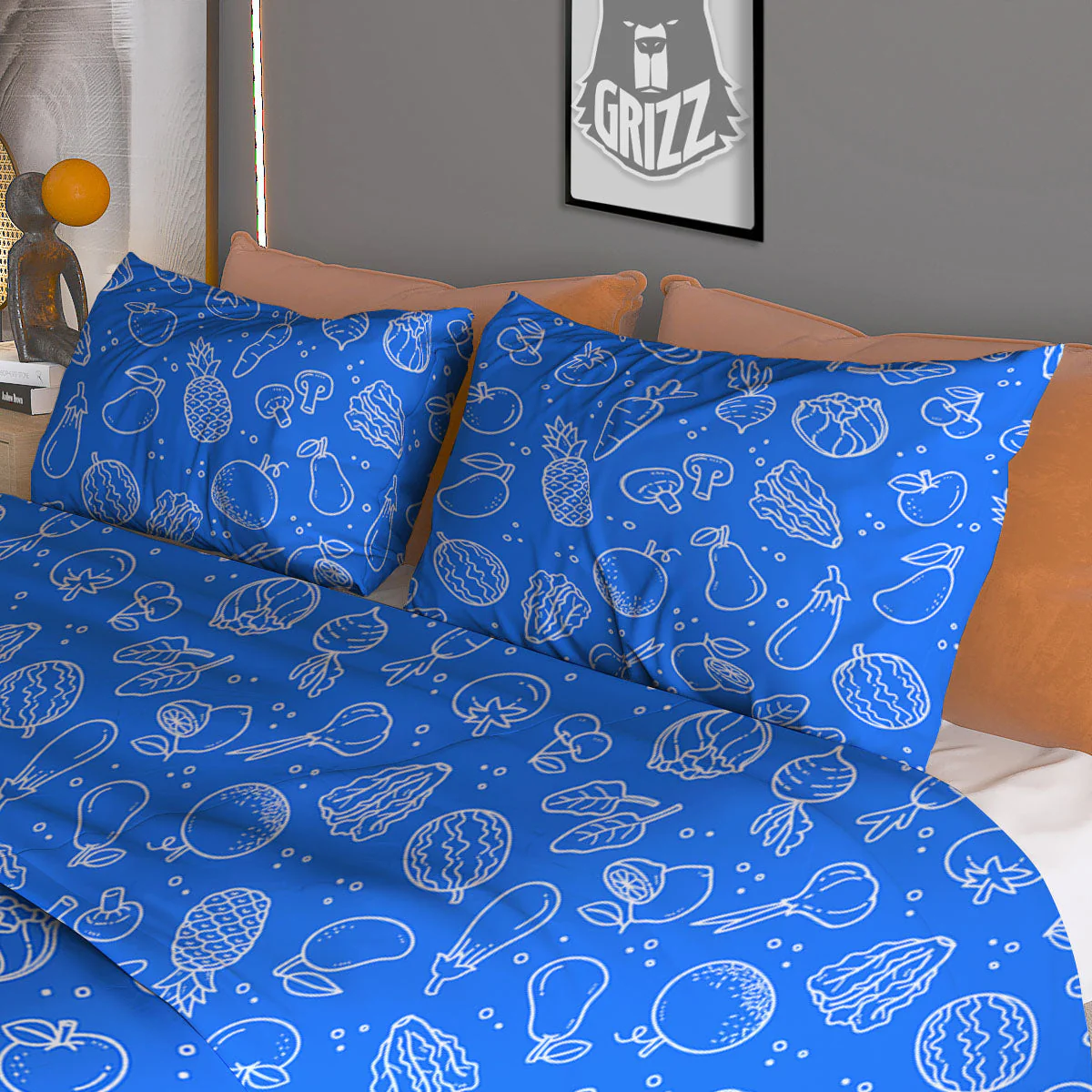 Vegan White And Blue Print Pattern Duvet Cover Bedding Set - Image 3