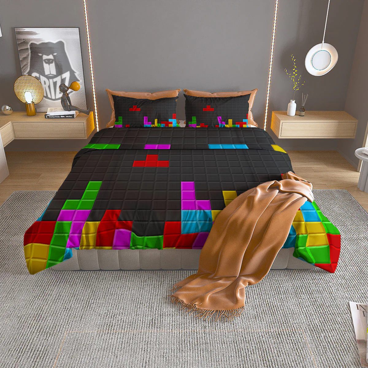 Video Game Colorful Brick Puzzle Print Duvet Cover Bedding Set