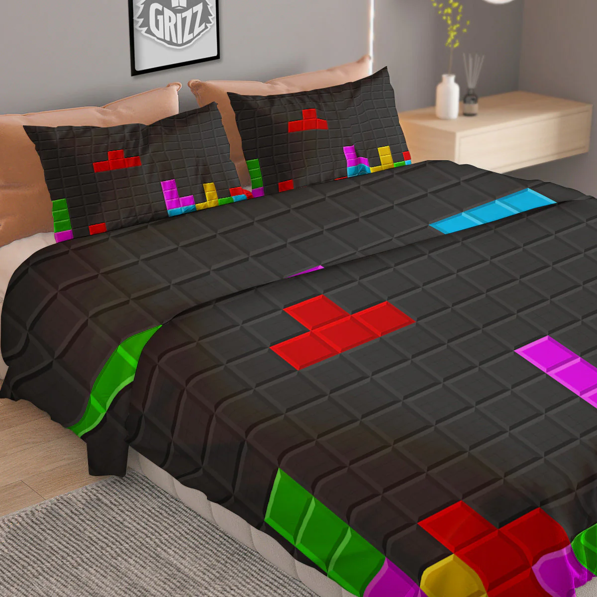 Video Game Colorful Brick Puzzle Print Duvet Cover Bedding Set - Image 2