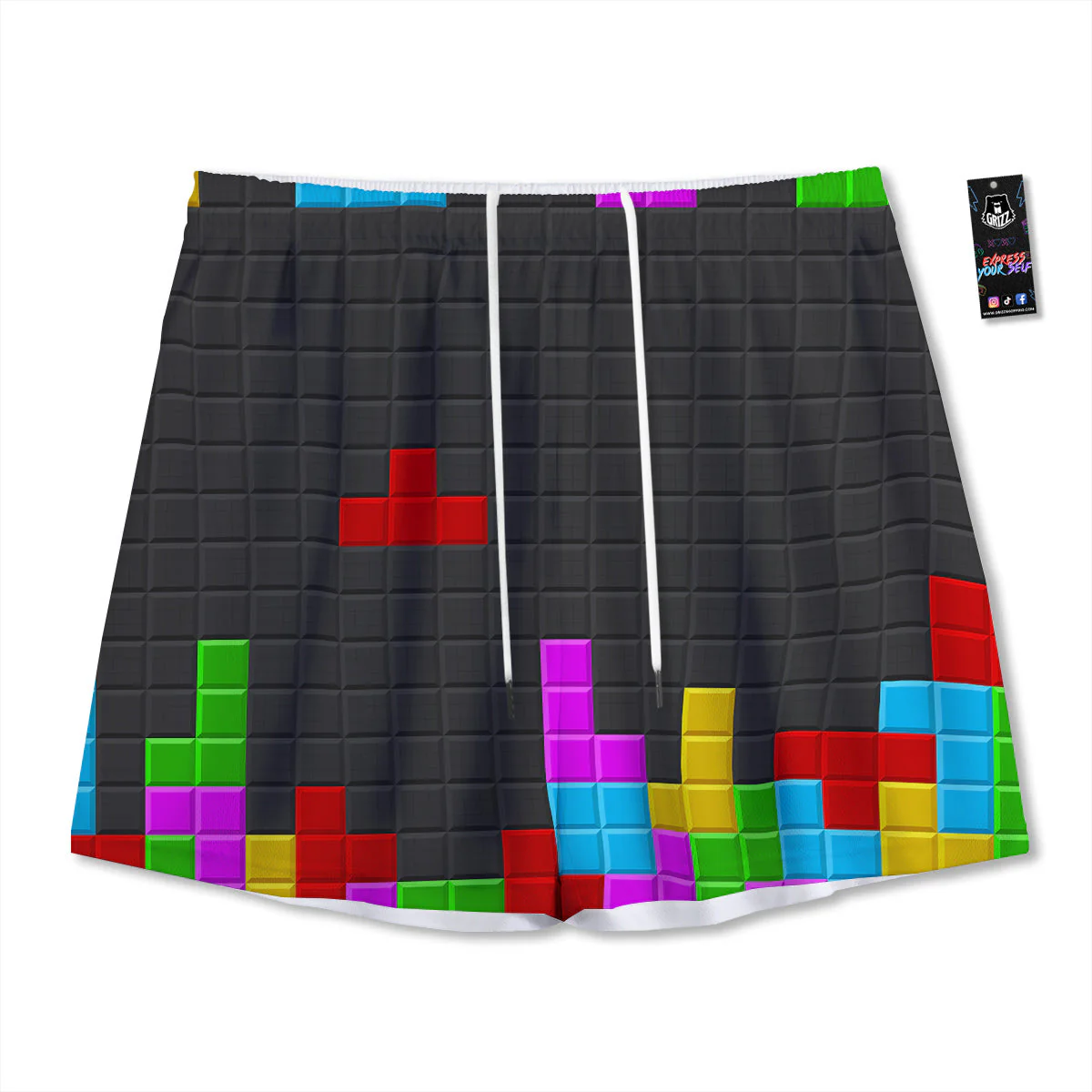 Video Game Colorful Brick Puzzle Print Mesh Shorts