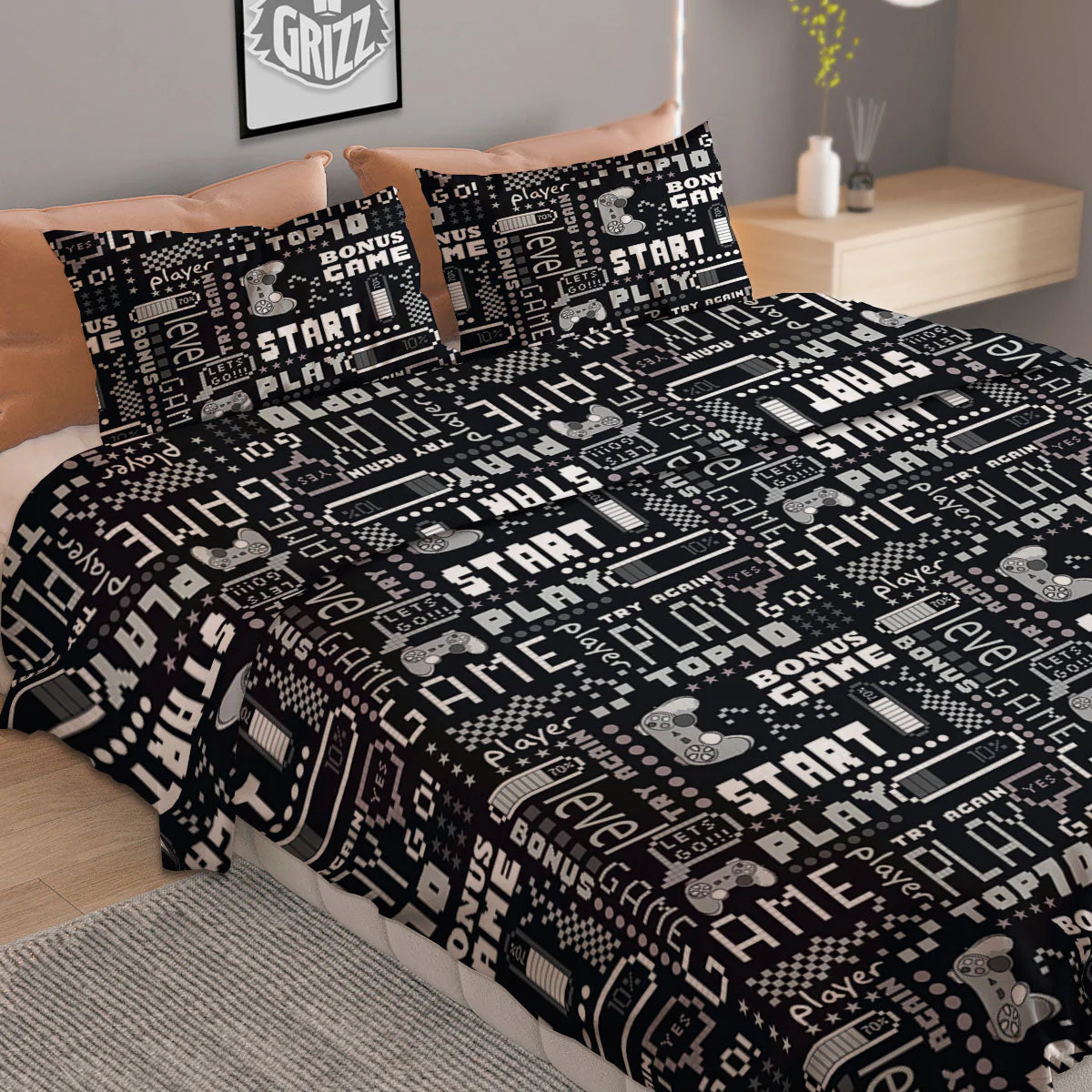 Video Game White And Black Print Pattern Duvet Cover Bedding Set - Image 2