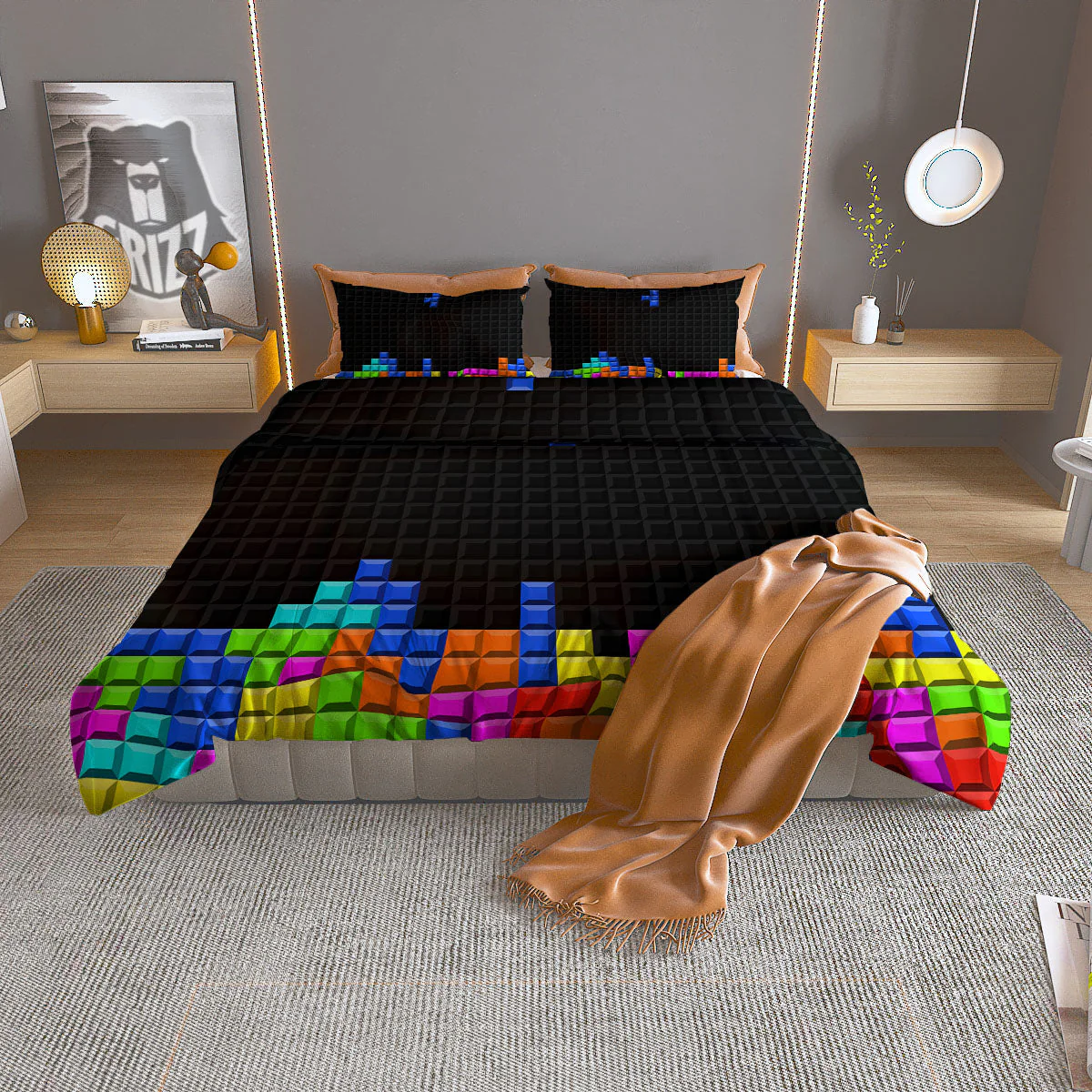 Video Game White Brick Puzzle Print Duvet Cover Bedding Set
