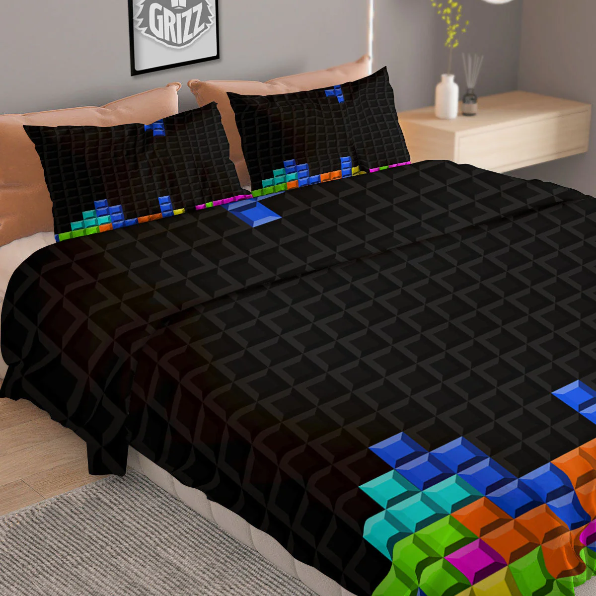 Video Game White Brick Puzzle Print Duvet Cover Bedding Set - Image 2