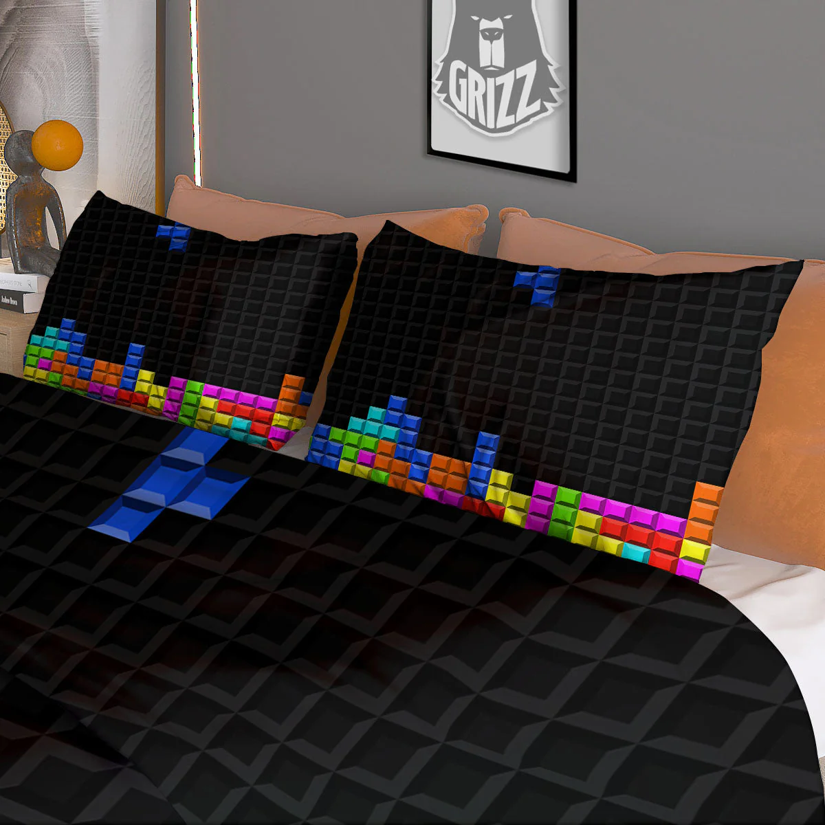 Video Game White Brick Puzzle Print Duvet Cover Bedding Set - Image 3