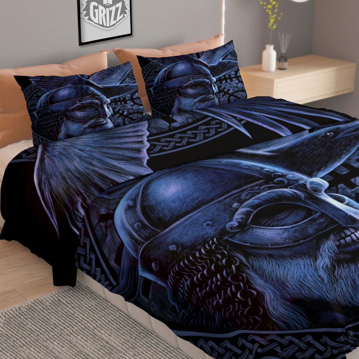 Viking God Odin And Crow Blue Print Duvet Cover Bedding Set - Image 2