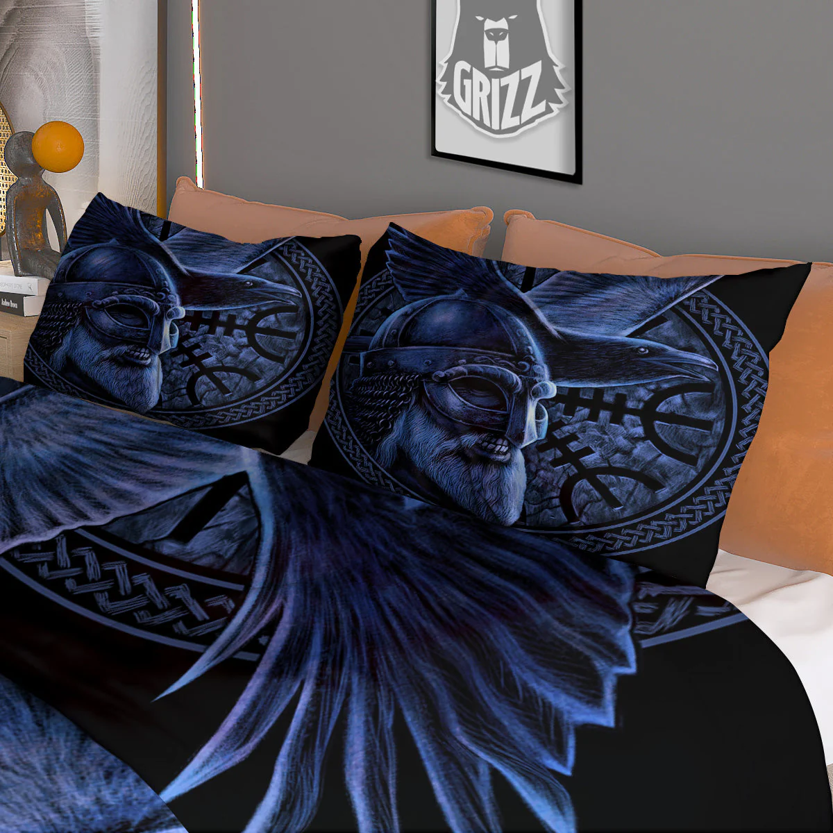 Viking God Odin And Crow Blue Print Duvet Cover Bedding Set - Image 3