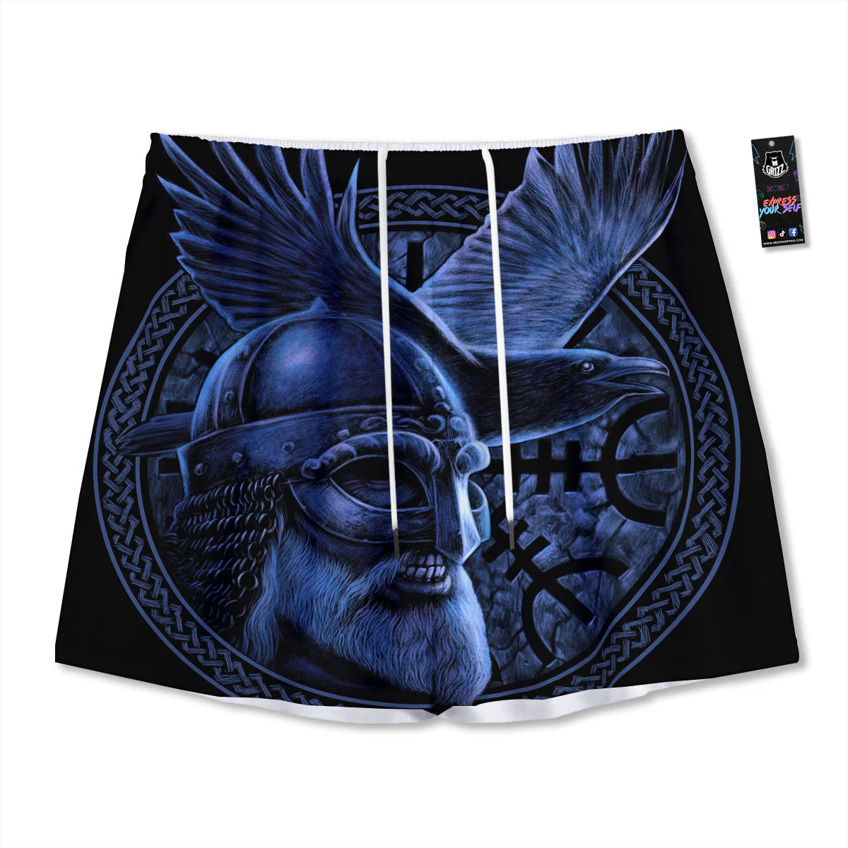 Viking God Odin And Crow Blue Print Mesh Shorts