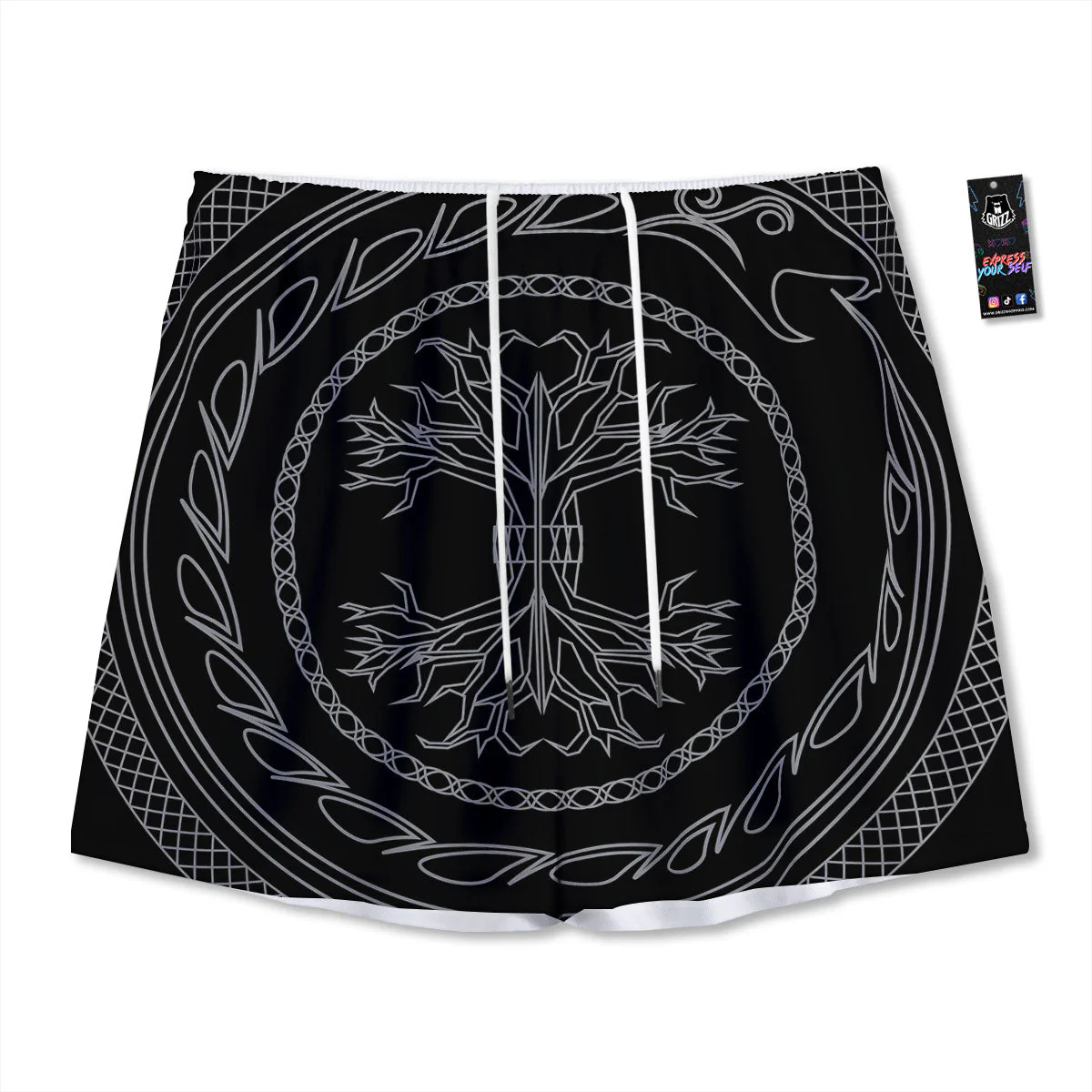 Viking Yggdrasil White And Black Print Mesh Shorts
