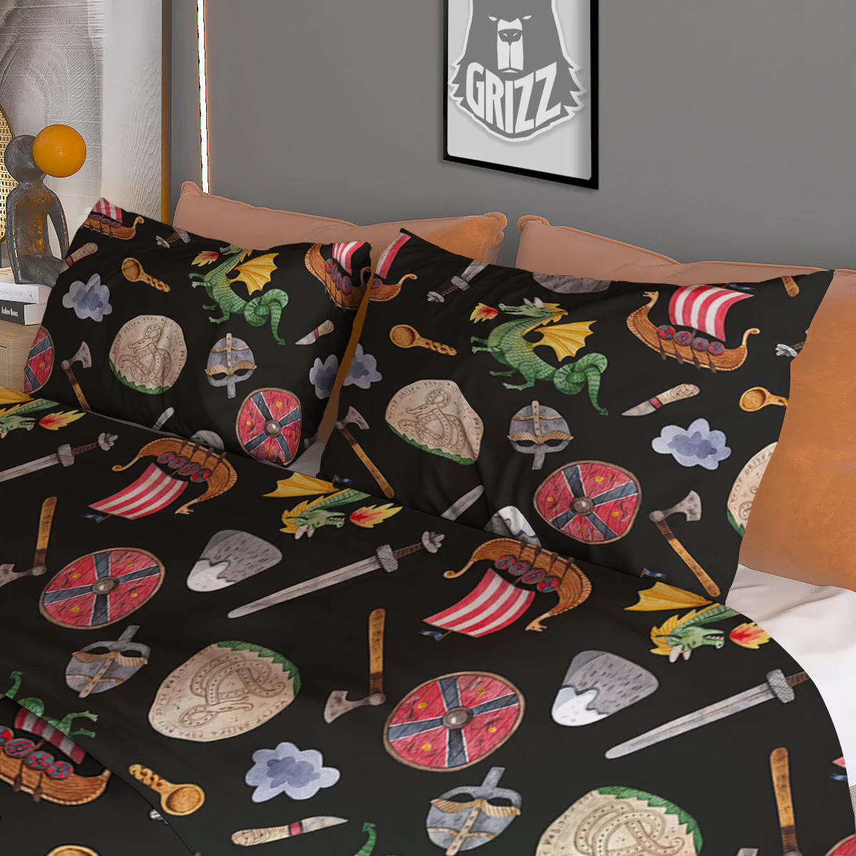 Vikings Watercolor Cartoon Style Print Pattern Duvet Cover Bedding Set - Image 3