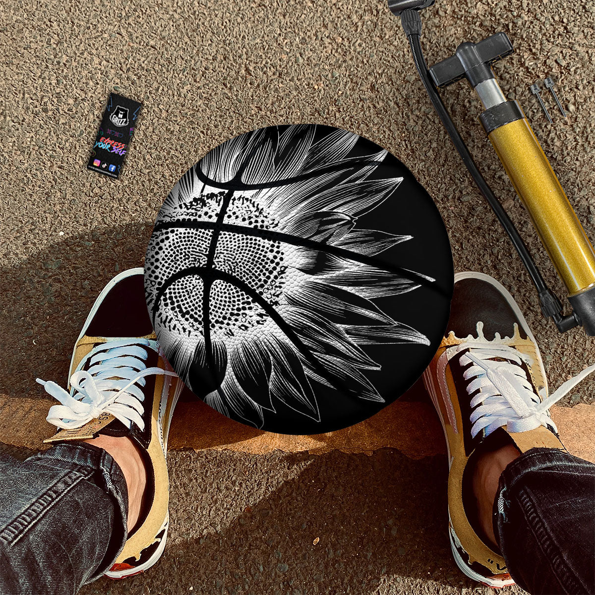Vintage Sunflower White And Black Print Basketball - Image 2
