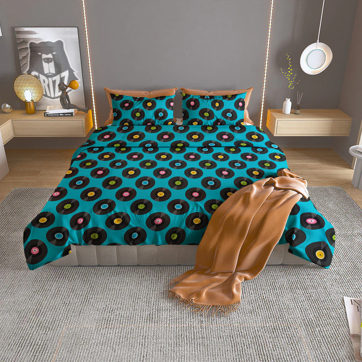 Vinyl Record Blue Print Pattern Duvet Cover Bedding Set