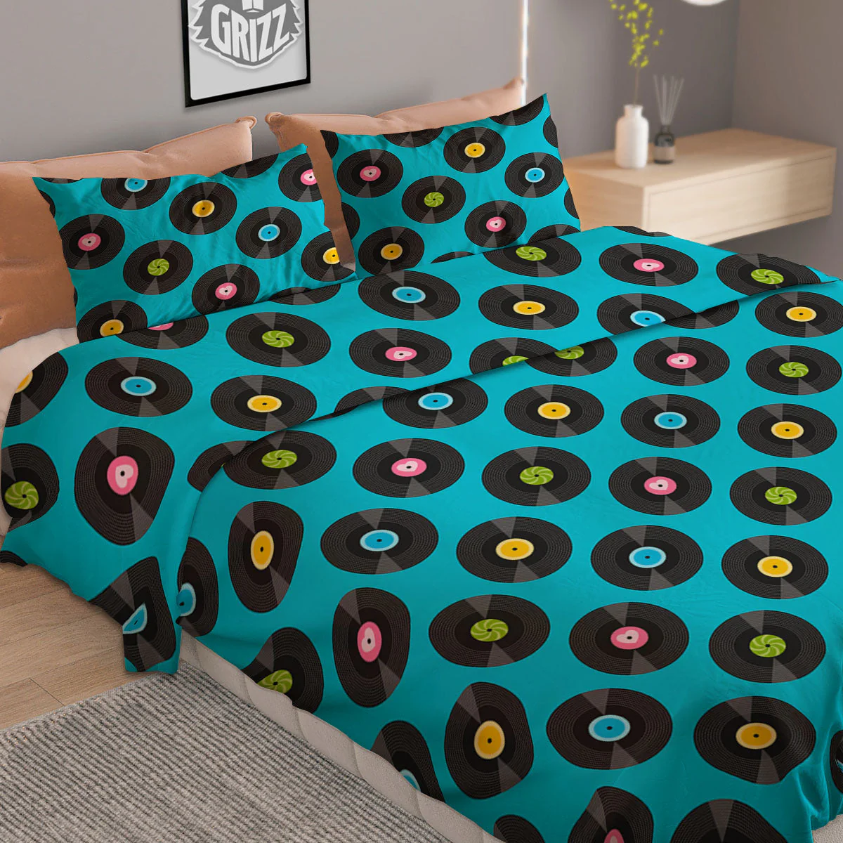 Vinyl Record Blue Print Pattern Duvet Cover Bedding Set - Image 2