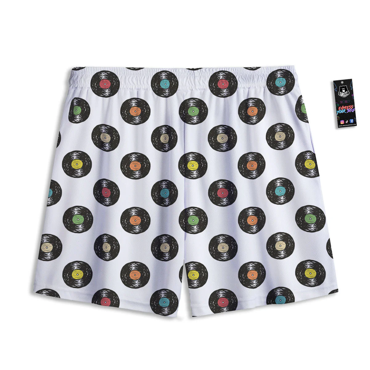 Vinyl Record Hand Drawn Print Pattern Mesh Shorts - Image 2