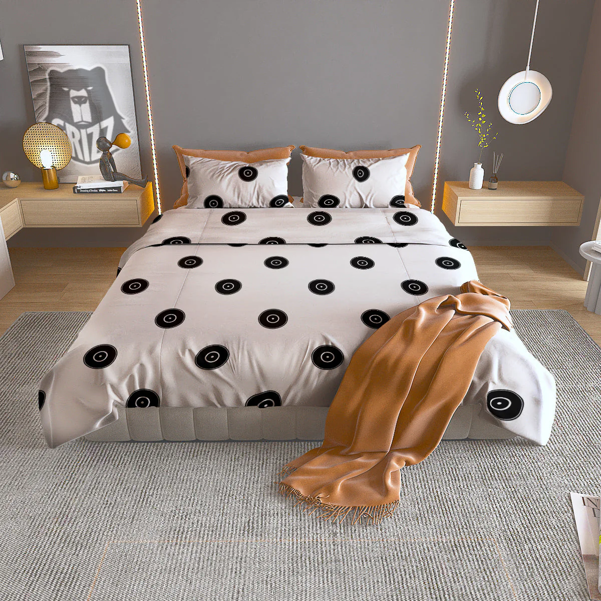 Vinyl White And Black Print Pattern Duvet Cover Bedding Set