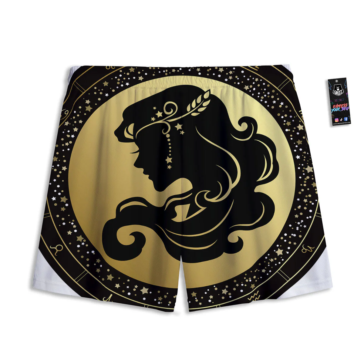 Virgo Sign Black And Gold Print Mesh Shorts - Image 2