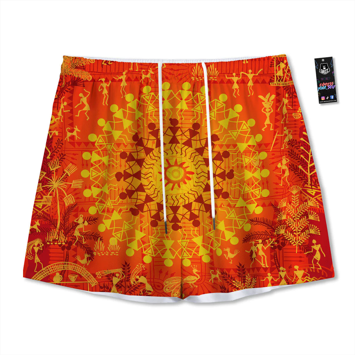 Warli Tribal Ancient Indian Print Mesh Shorts