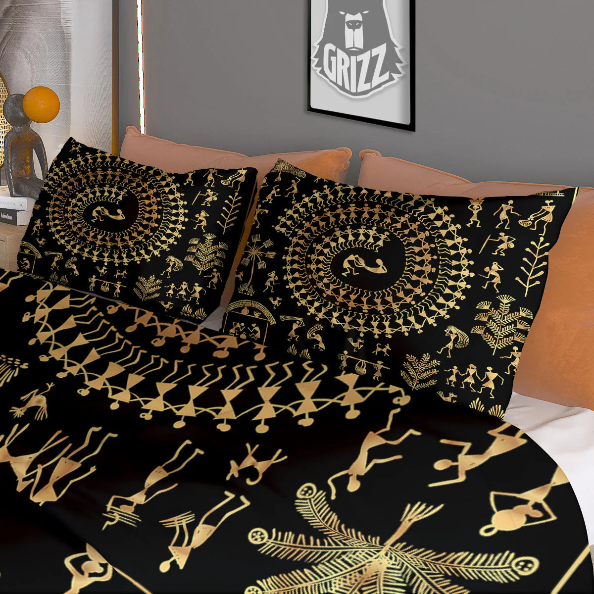 Warli Tribal Gold And Black Print Duvet Cover Bedding Set - Image 3