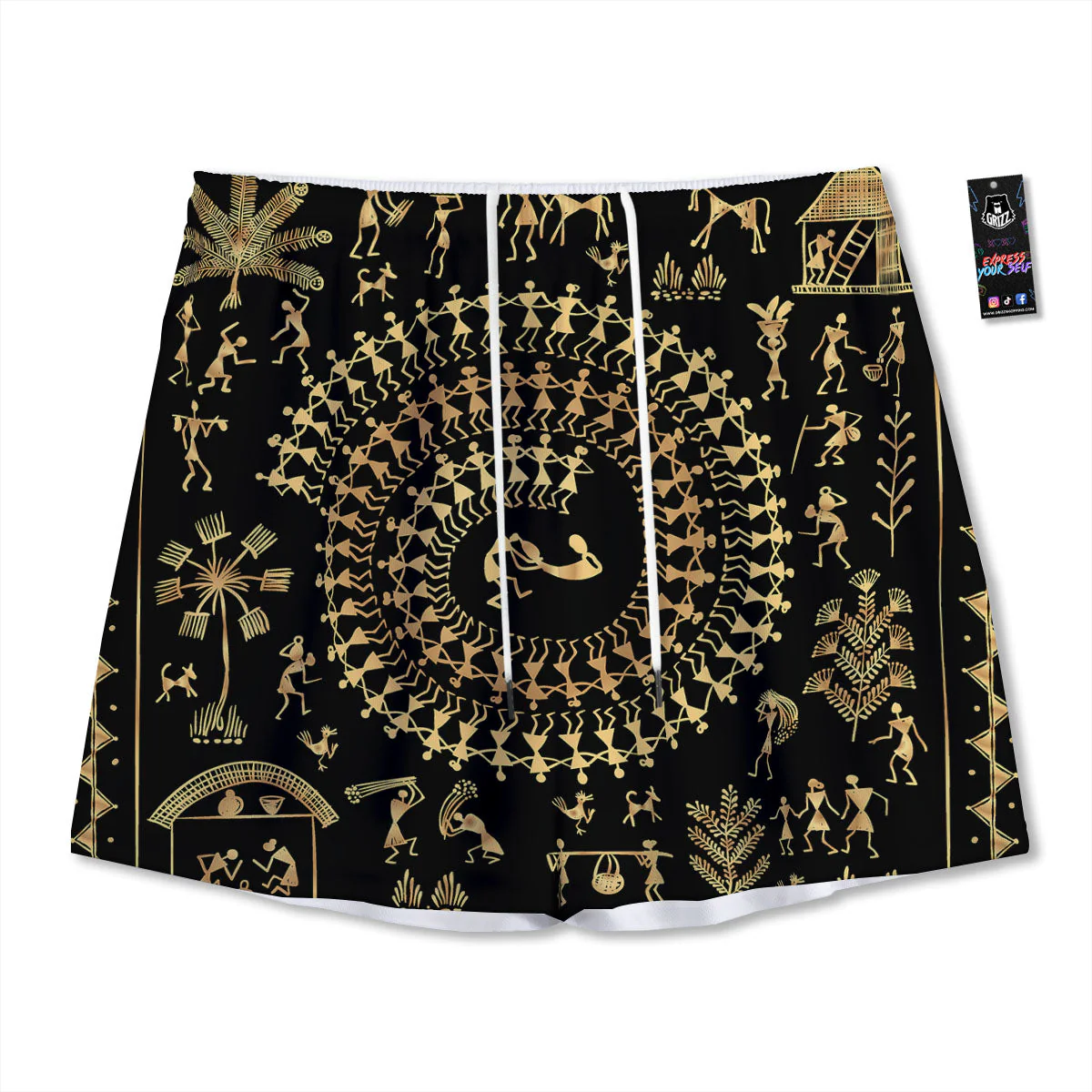 Warli Tribal Gold And Black Print Mesh Shorts