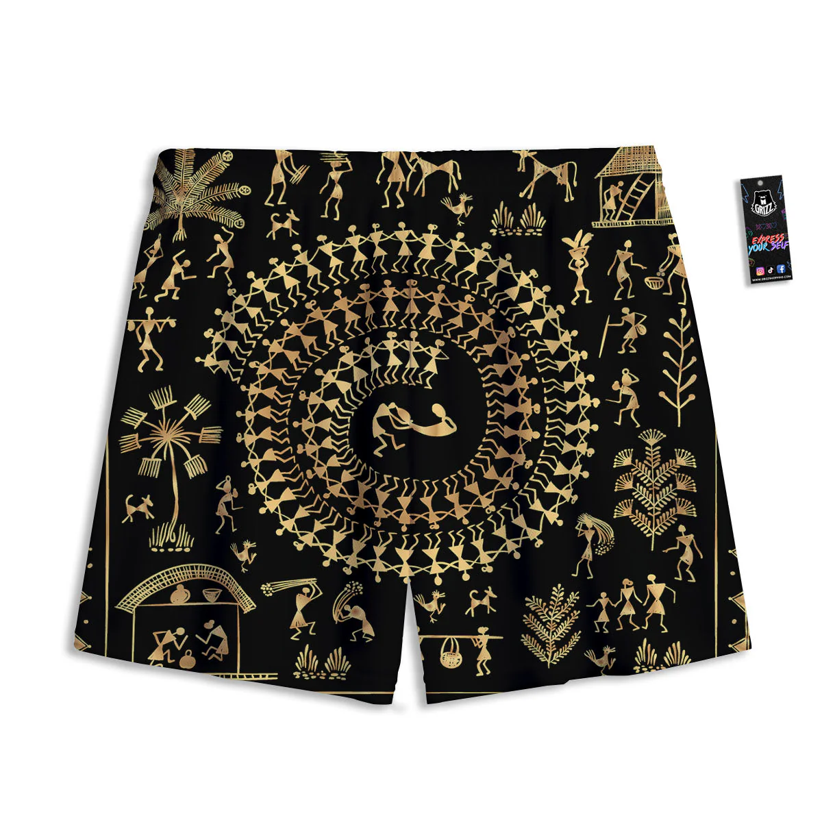Warli Tribal Gold And Black Print Mesh Shorts - Image 2