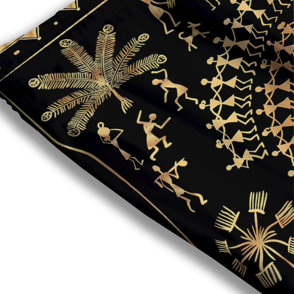 Warli Tribal Gold And Black Print Mesh Shorts - Image 3