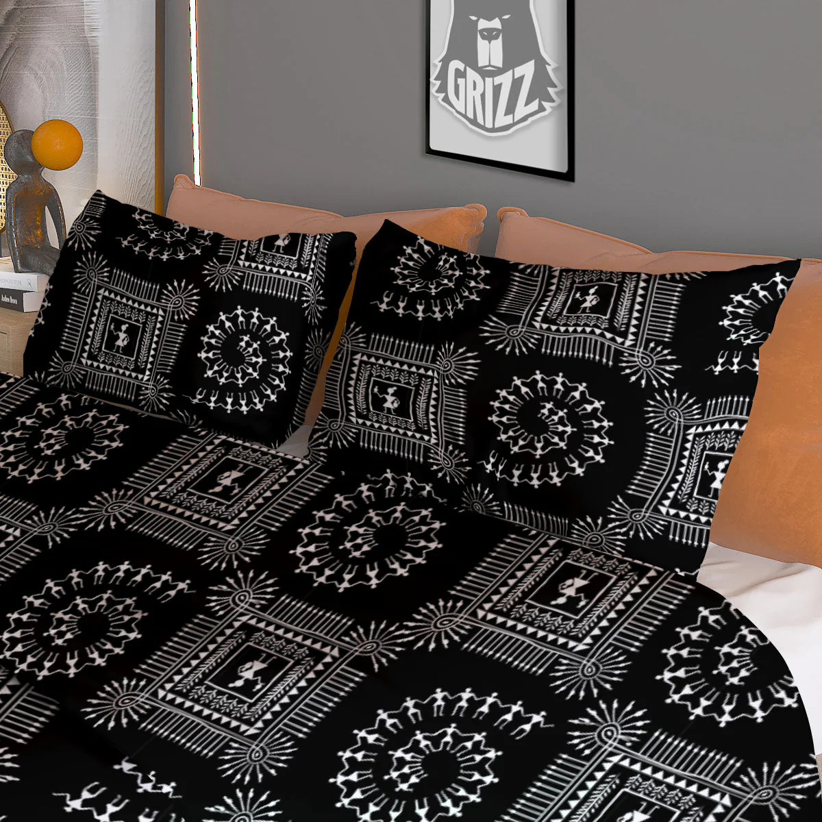Warli Tribal White And Black Print Duvet Cover Bedding Set - Image 3