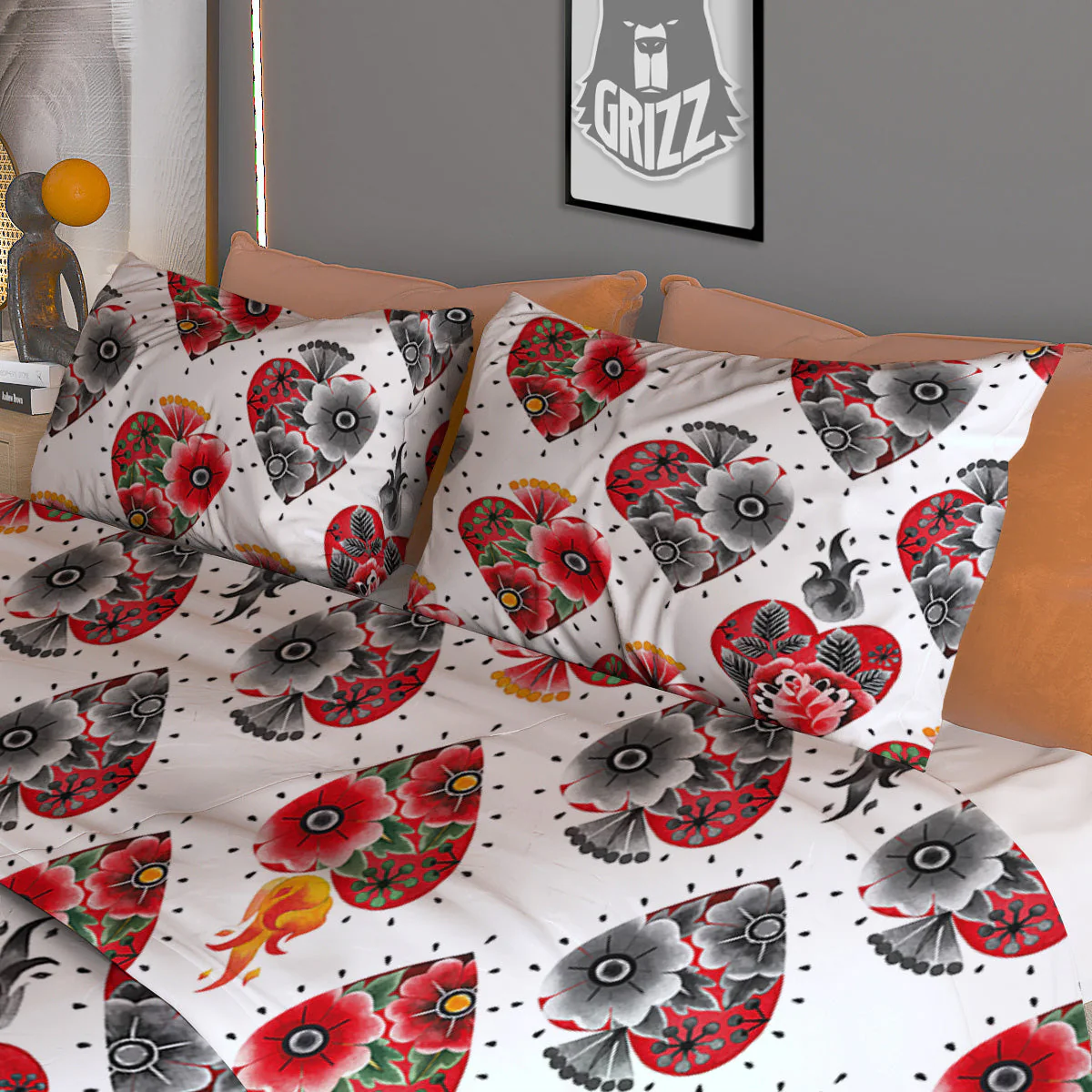 Watercolor Flaming Heart Tattoo Print Pattern Duvet Cover Bedding Set - Image 3