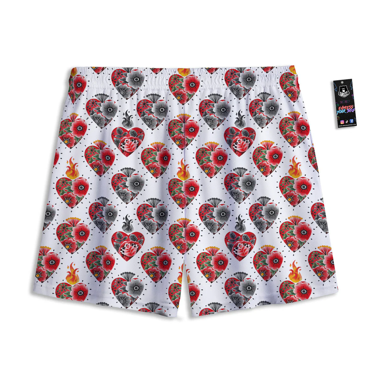 Watercolor Flaming Heart Tattoo Print Pattern Mesh Shorts - Image 2