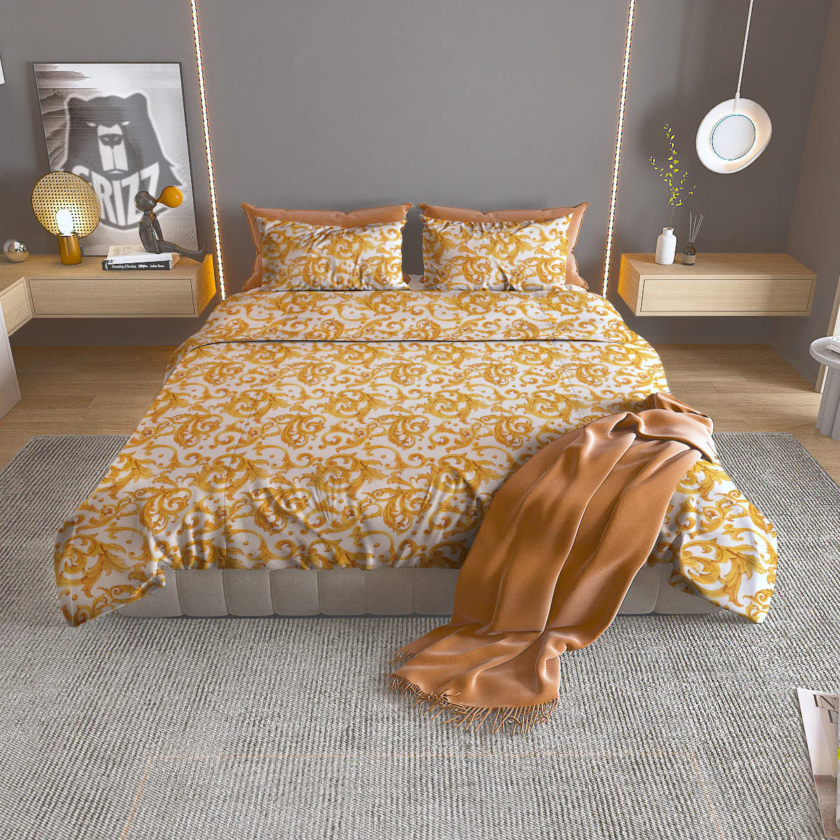 Watercolor Golden Baroque Print Pattern Duvet Cover Bedding Set