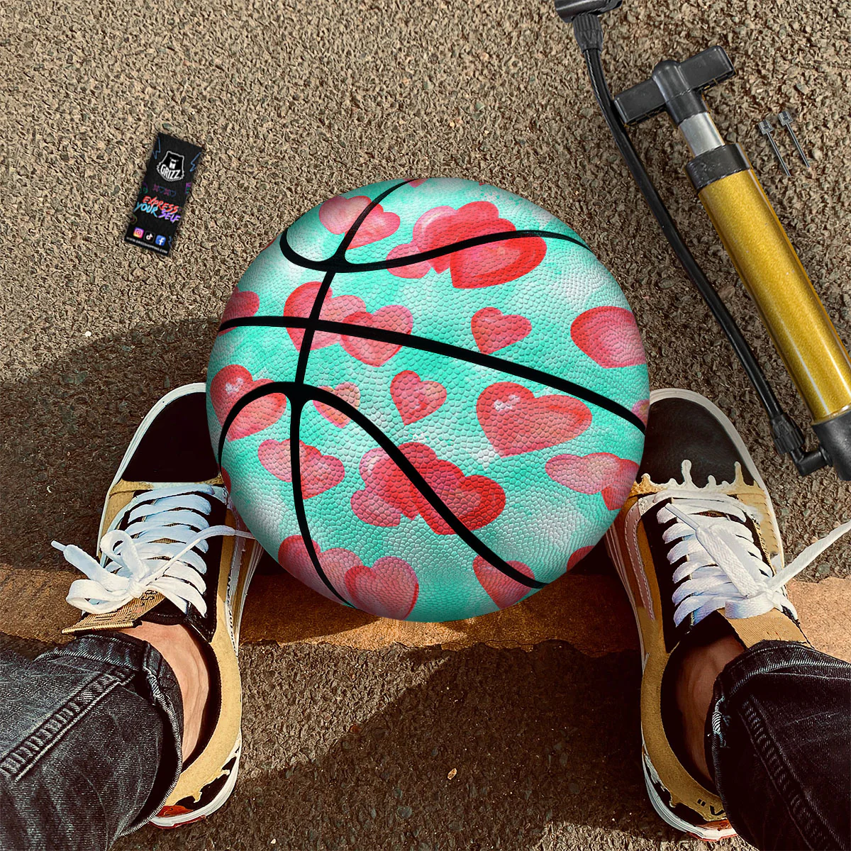 Watercolor Heart Teal And Pink Print Basketball - Image 2