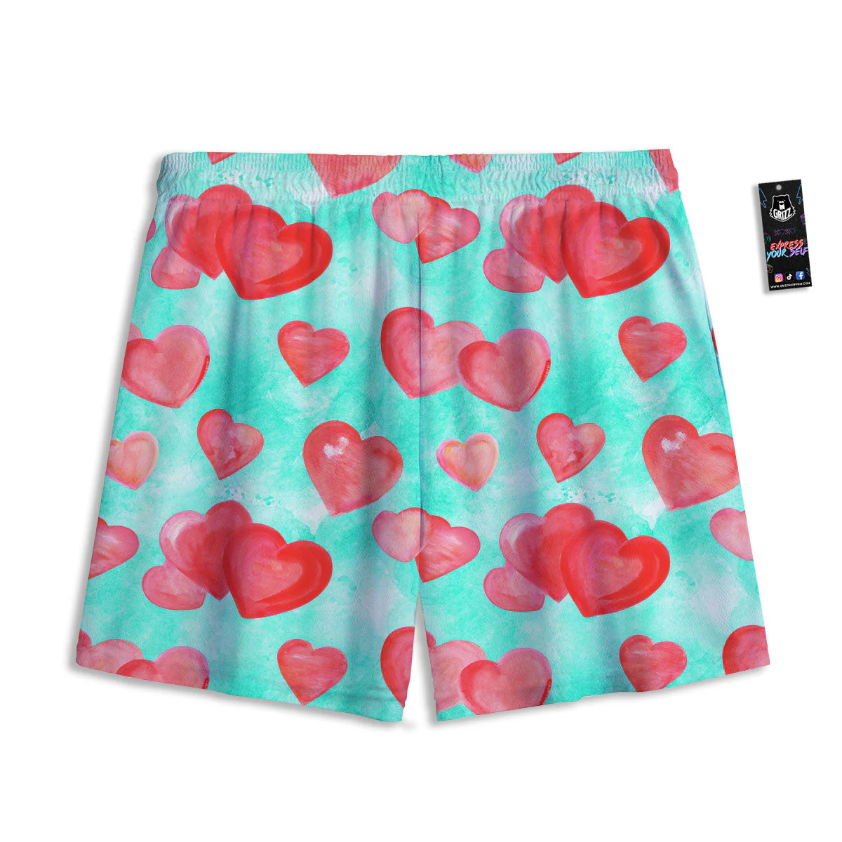 Watercolor Heart Teal And Pink Print Mesh Shorts - Image 2