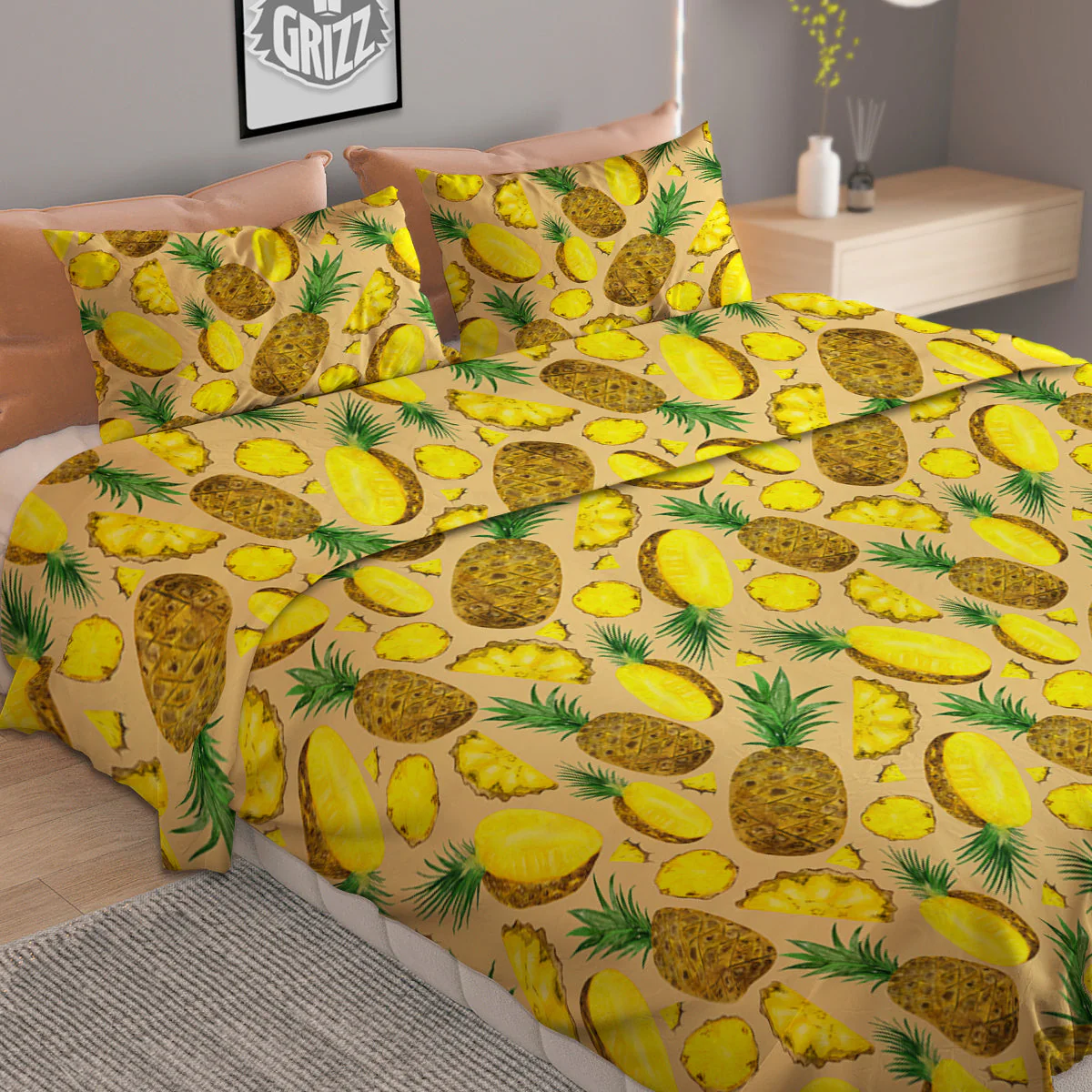 Watercolor Pineapple Beige Print Pattern Duvet Cover Bedding Set - Image 2
