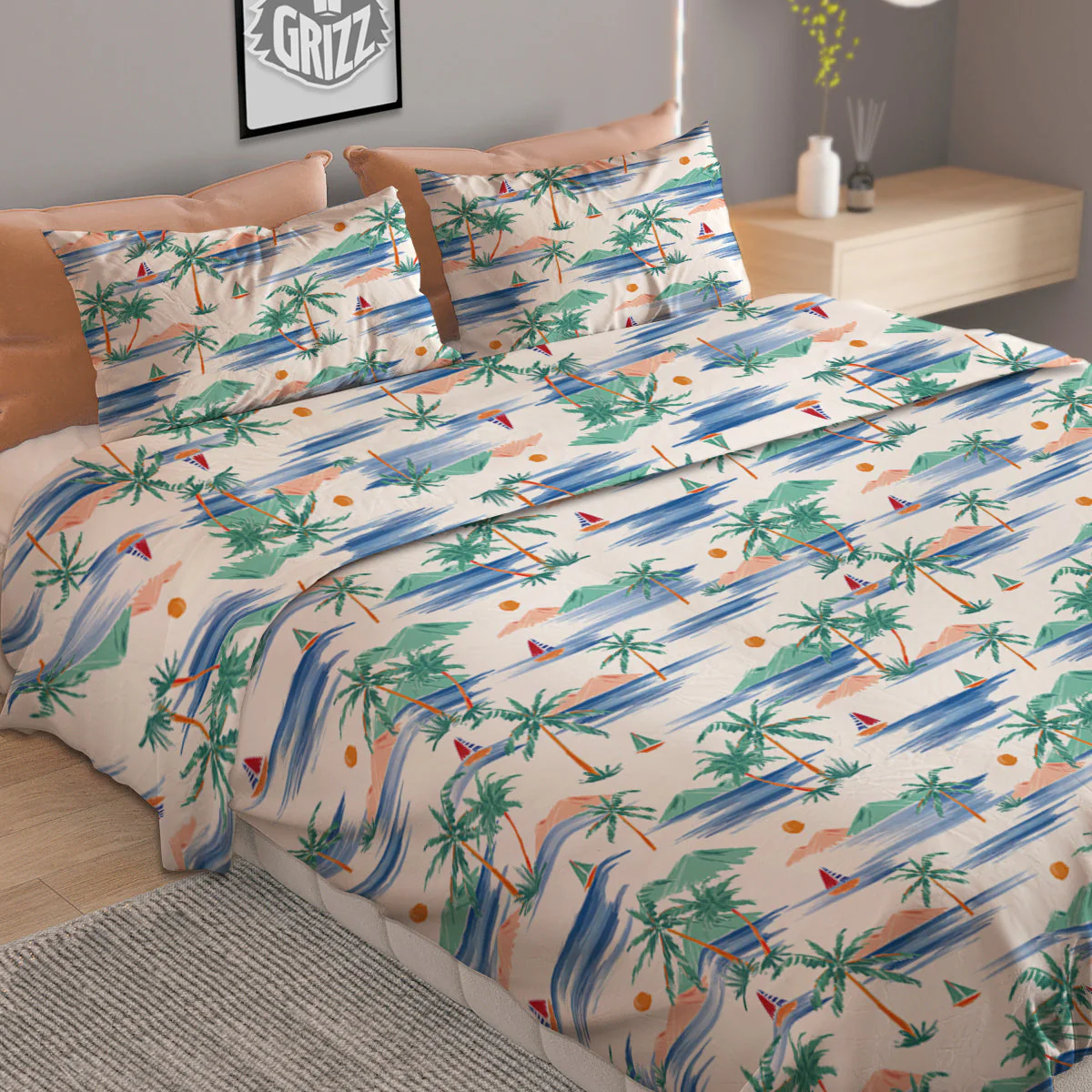 Watercolor Summer Island Palm Tree Print Pattern Duvet Cover Bedding Set - Image 2
