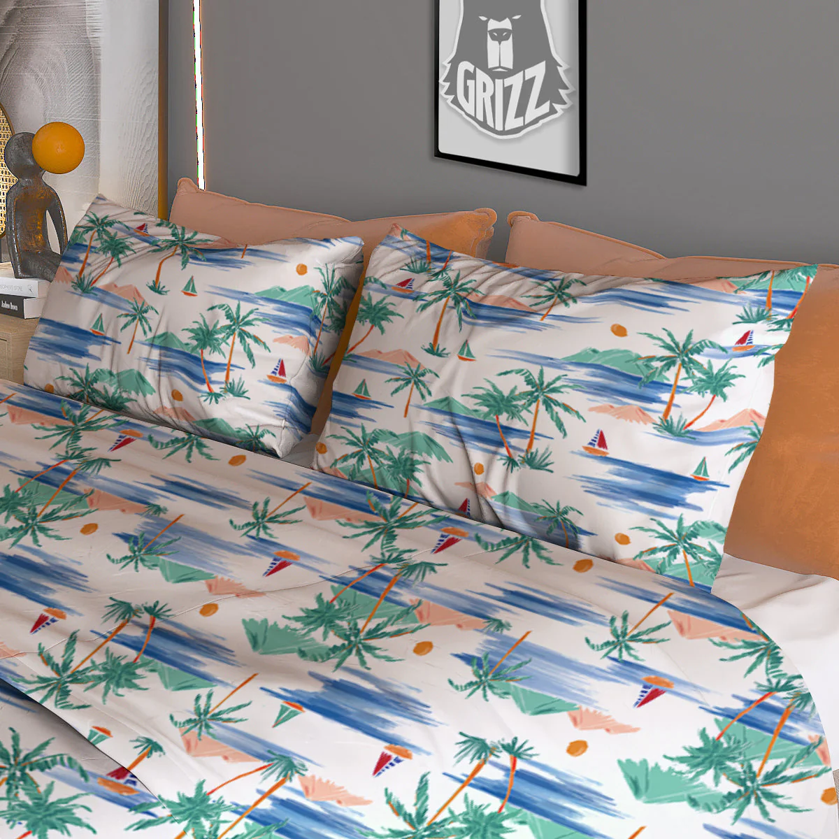 Watercolor Summer Island Palm Tree Print Pattern Duvet Cover Bedding Set - Image 3
