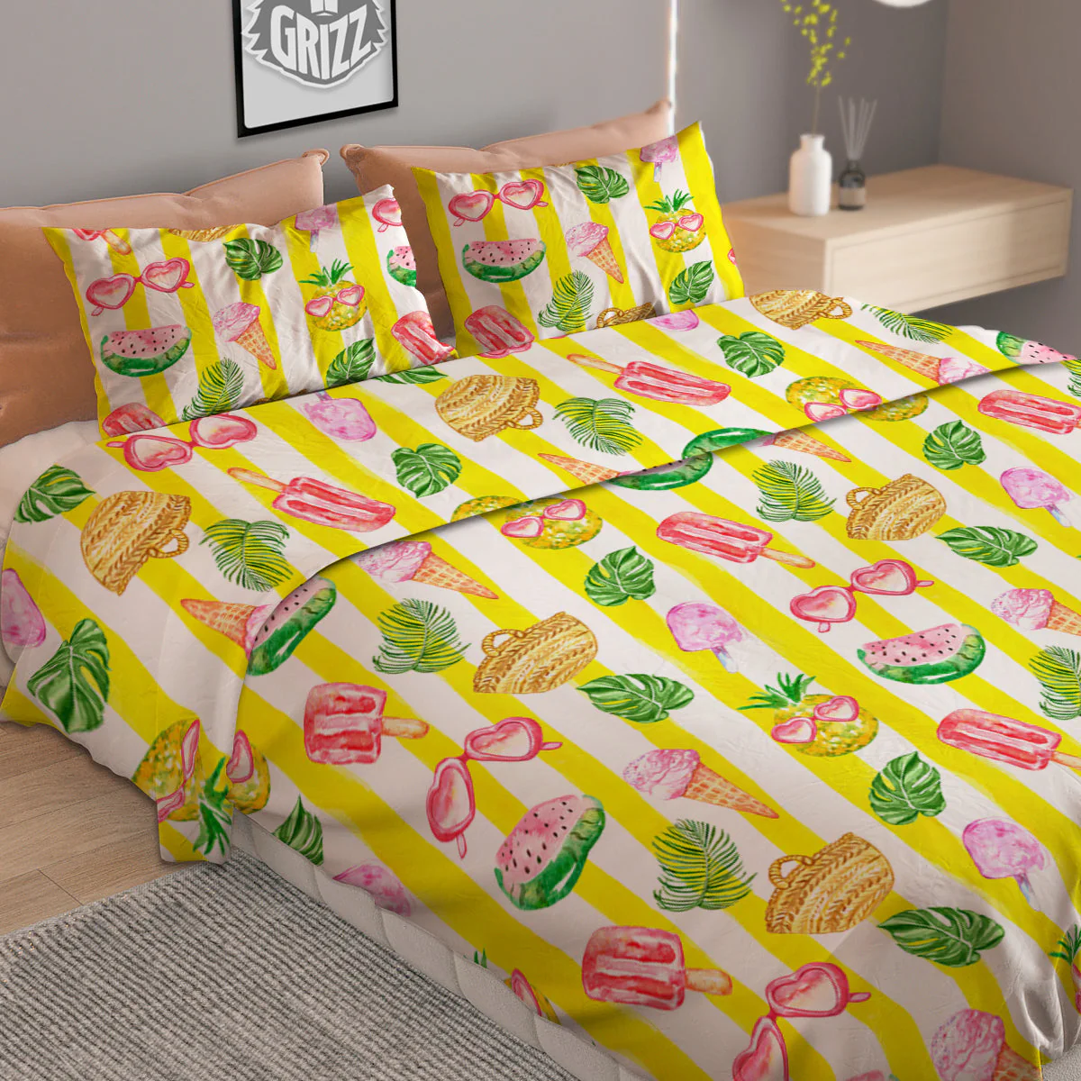 Watercolor Summer Yellow Stripe Print Pattern Duvet Cover Bedding Set - Image 2