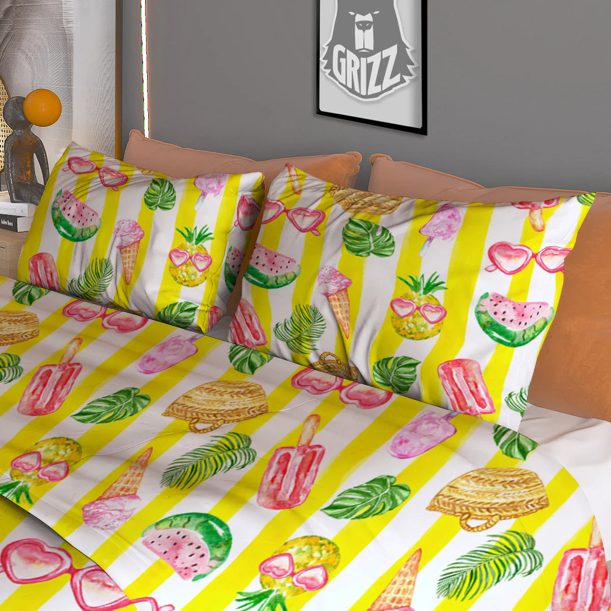 Watercolor Summer Yellow Stripe Print Pattern Duvet Cover Bedding Set - Image 3