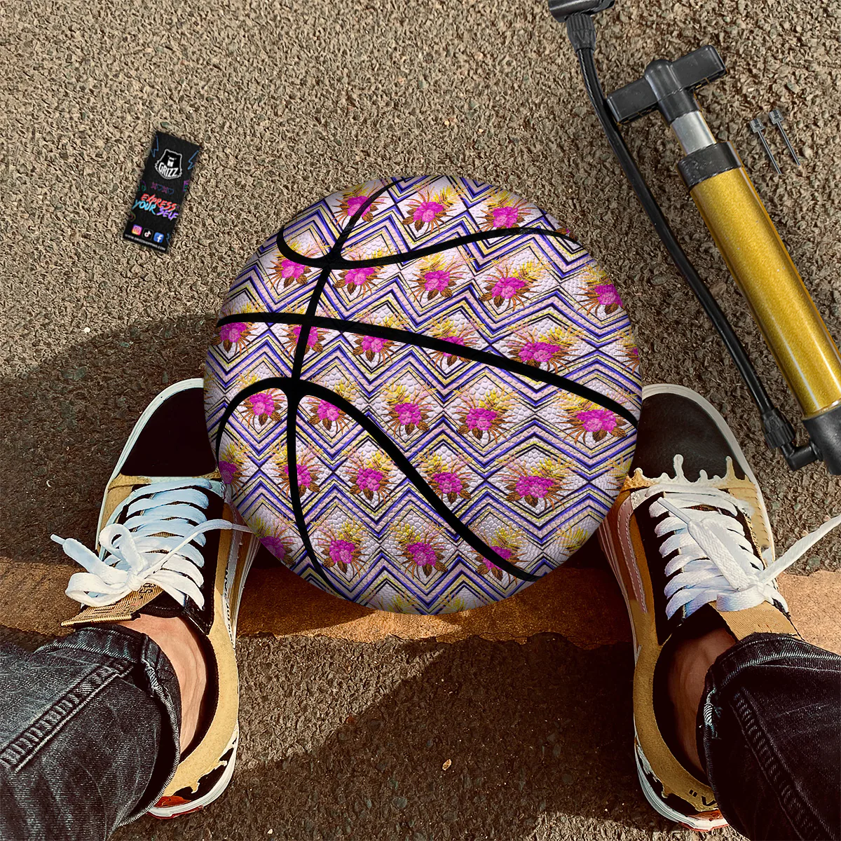 Watercolor Tropical Flower Zigzag Print Pattern Basketball - Image 2