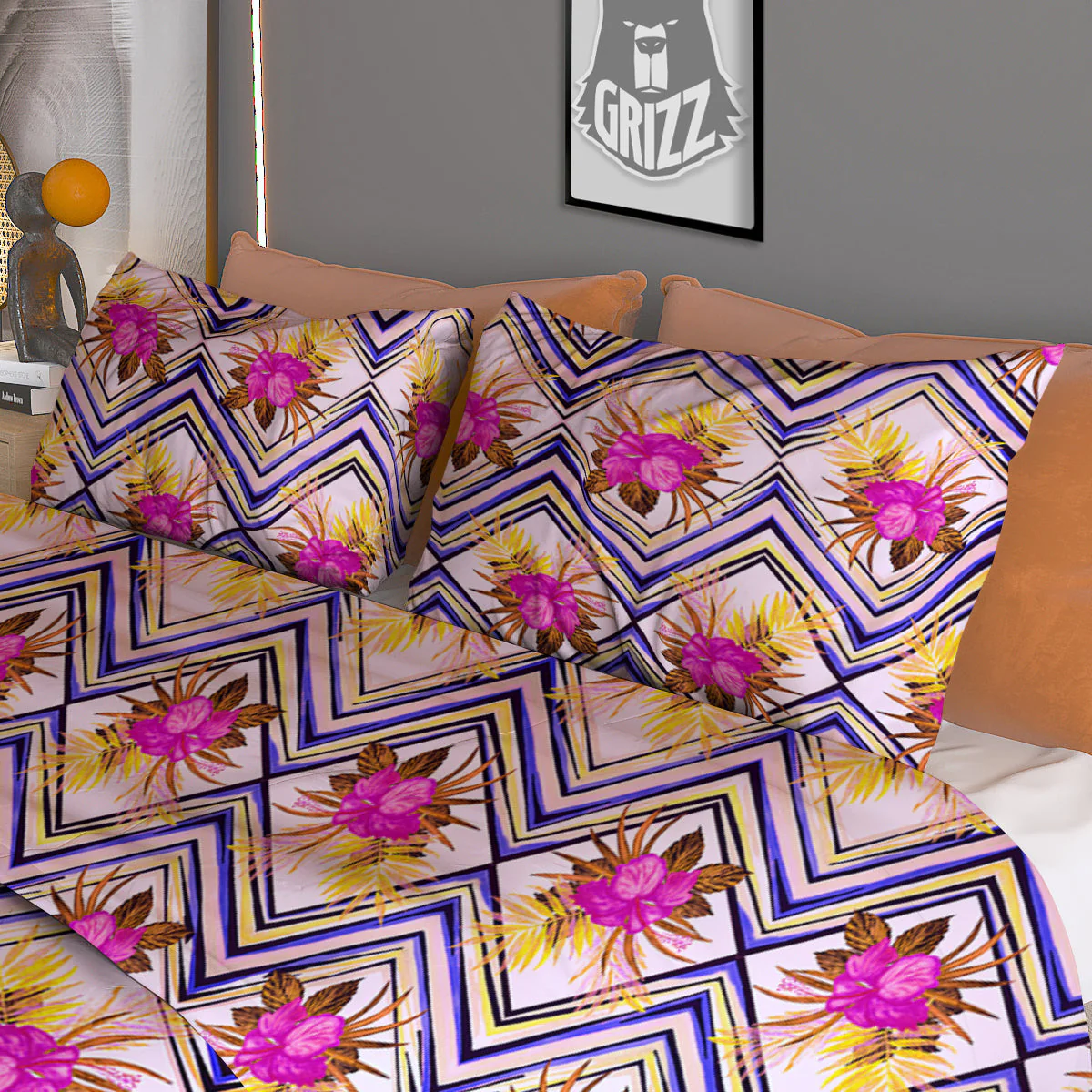 Watercolor Tropical Flower Zigzag Print Pattern Duvet Cover Bedding Set - Image 3