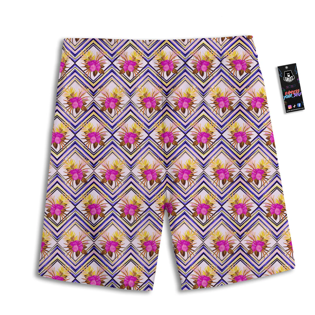 Watercolor Tropical Flower Zigzag Print Pattern Men's Athletic Shorts - Image 2