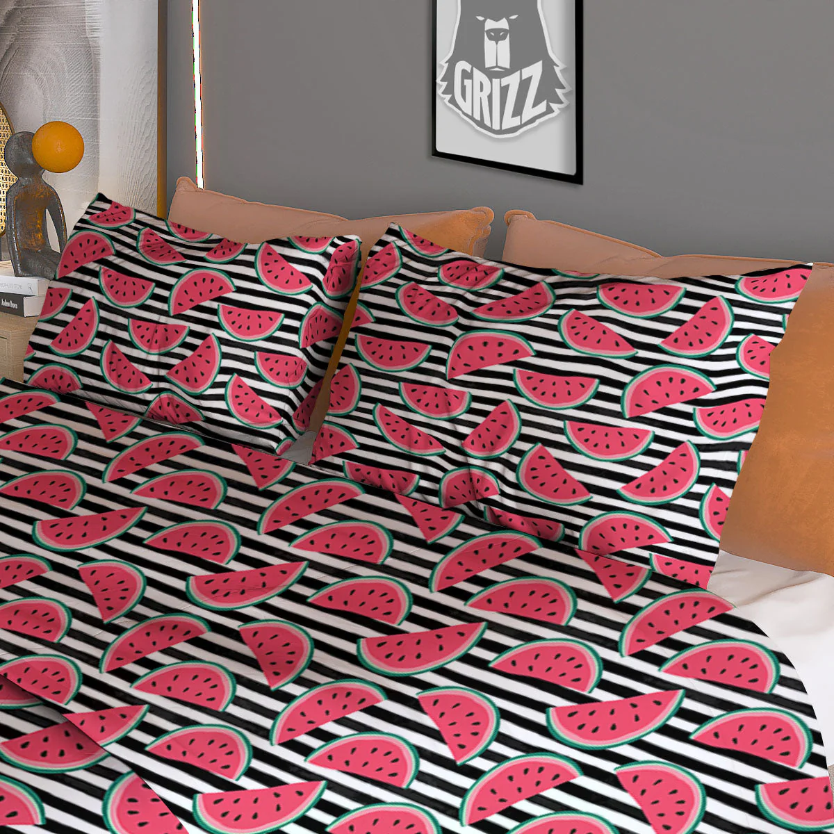 Watermelon Black Striped Print Pattern Duvet Cover Bedding Set - Image 3