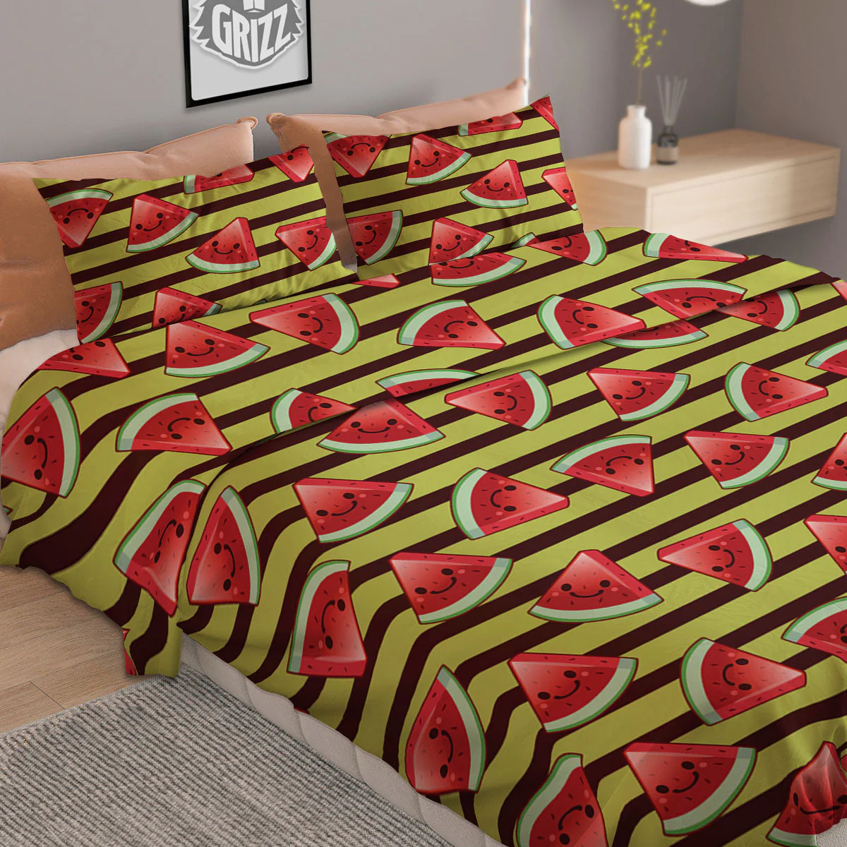 Watermelon Striped Green Print Pattern Duvet Cover Bedding Set - Image 2