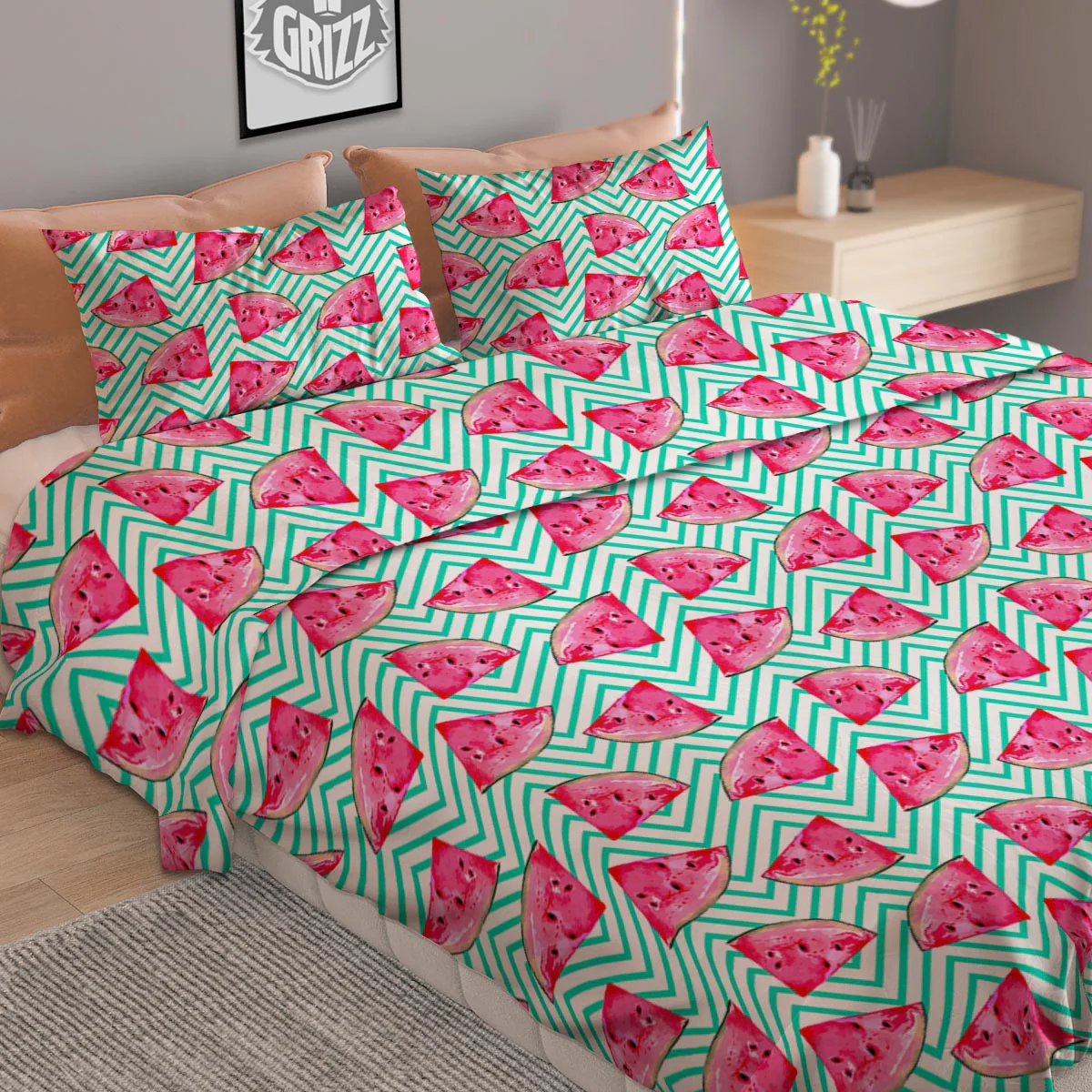 Watermelon Teal Chevron Print Pattern Duvet Cover Bedding Set - Image 2