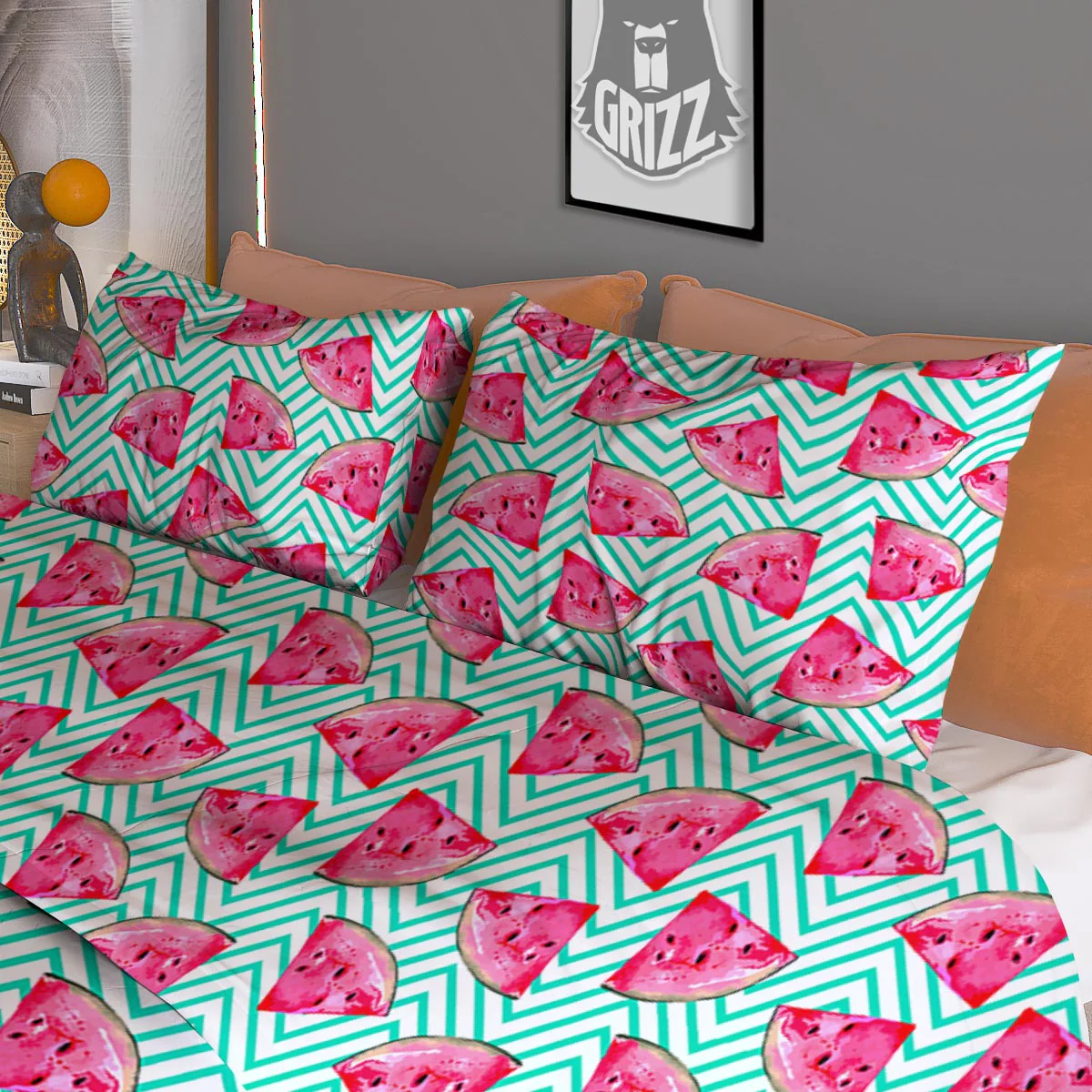 Watermelon Teal Chevron Print Pattern Duvet Cover Bedding Set - Image 3