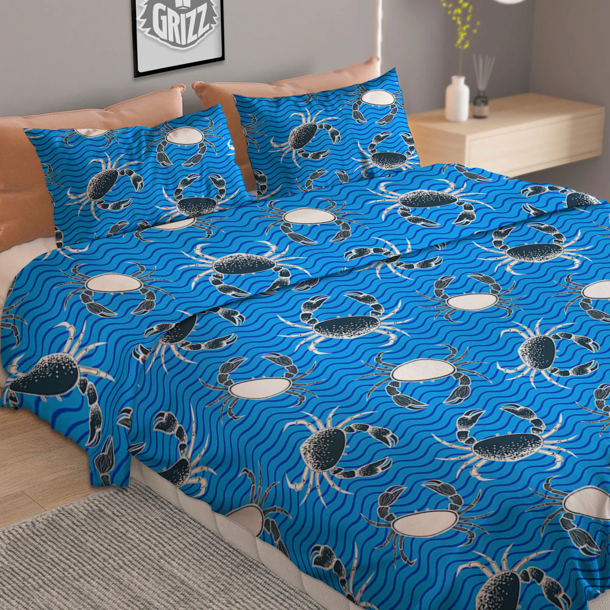 Wave Crab White And Blue Print Pattern Duvet Cover Bedding Set - Image 2