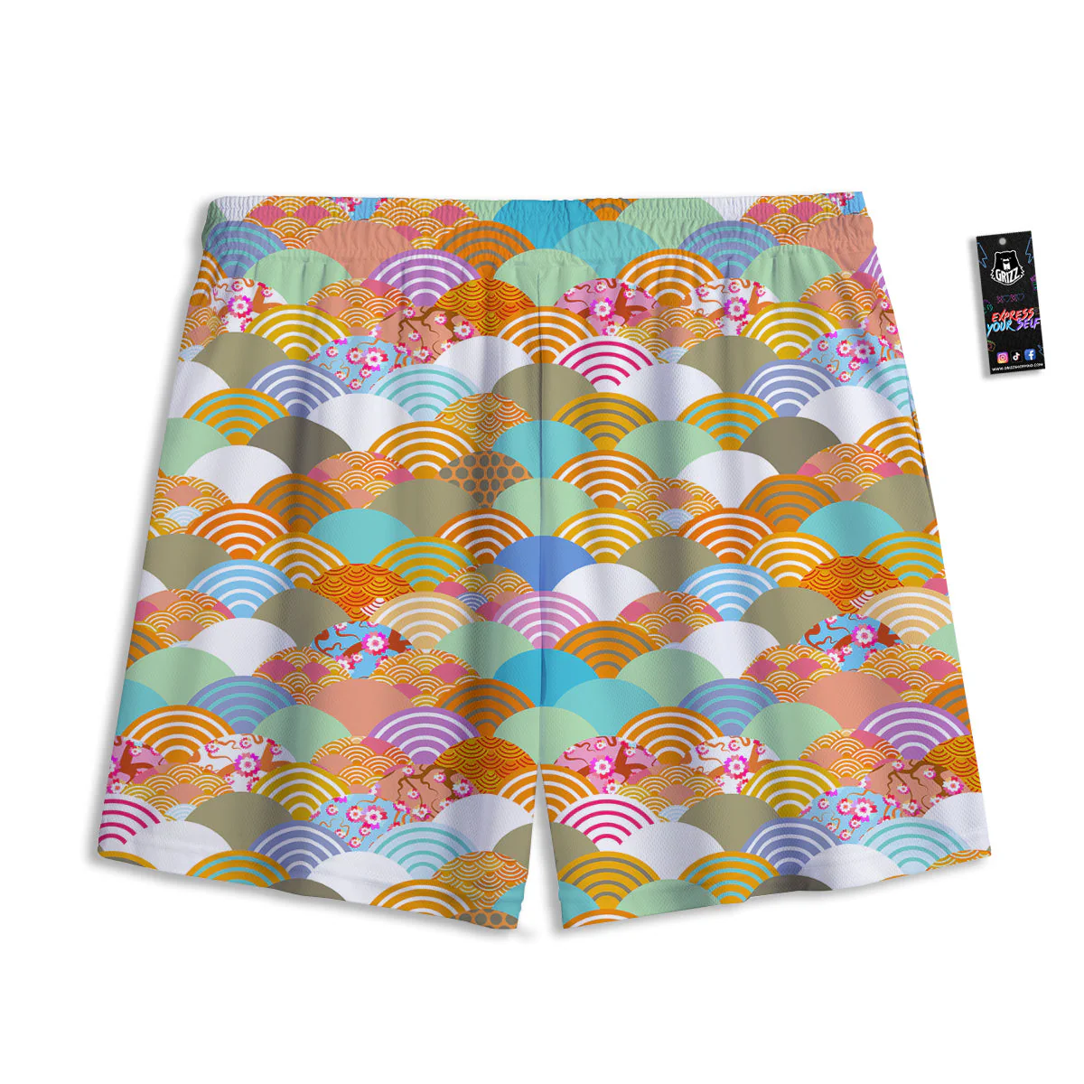 Wave Japanese Flower Colorful Print Pattern Mesh Shorts - Image 2